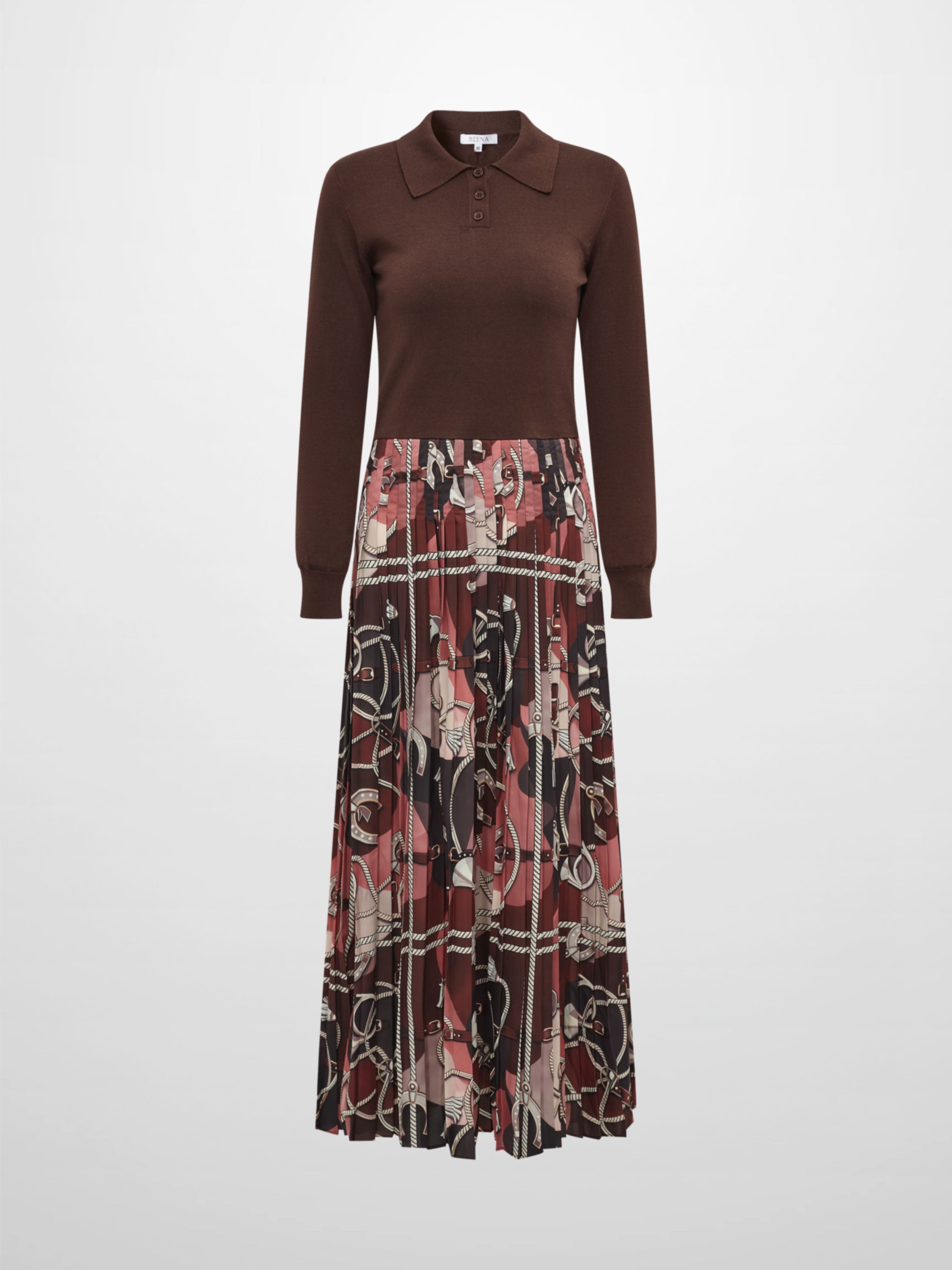 Knit Polo Top Pleat Dress - Brown