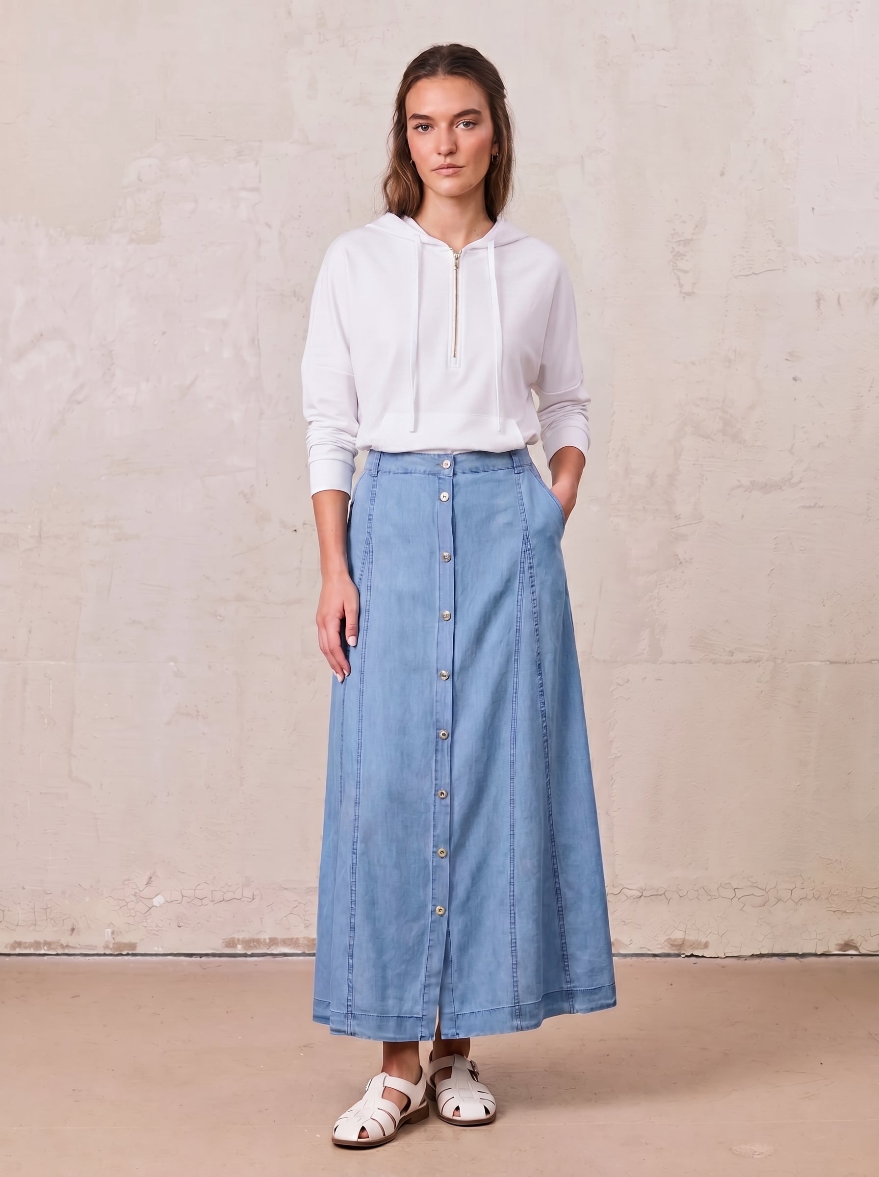 Ribbed Half Zip Hoodie Tee-White