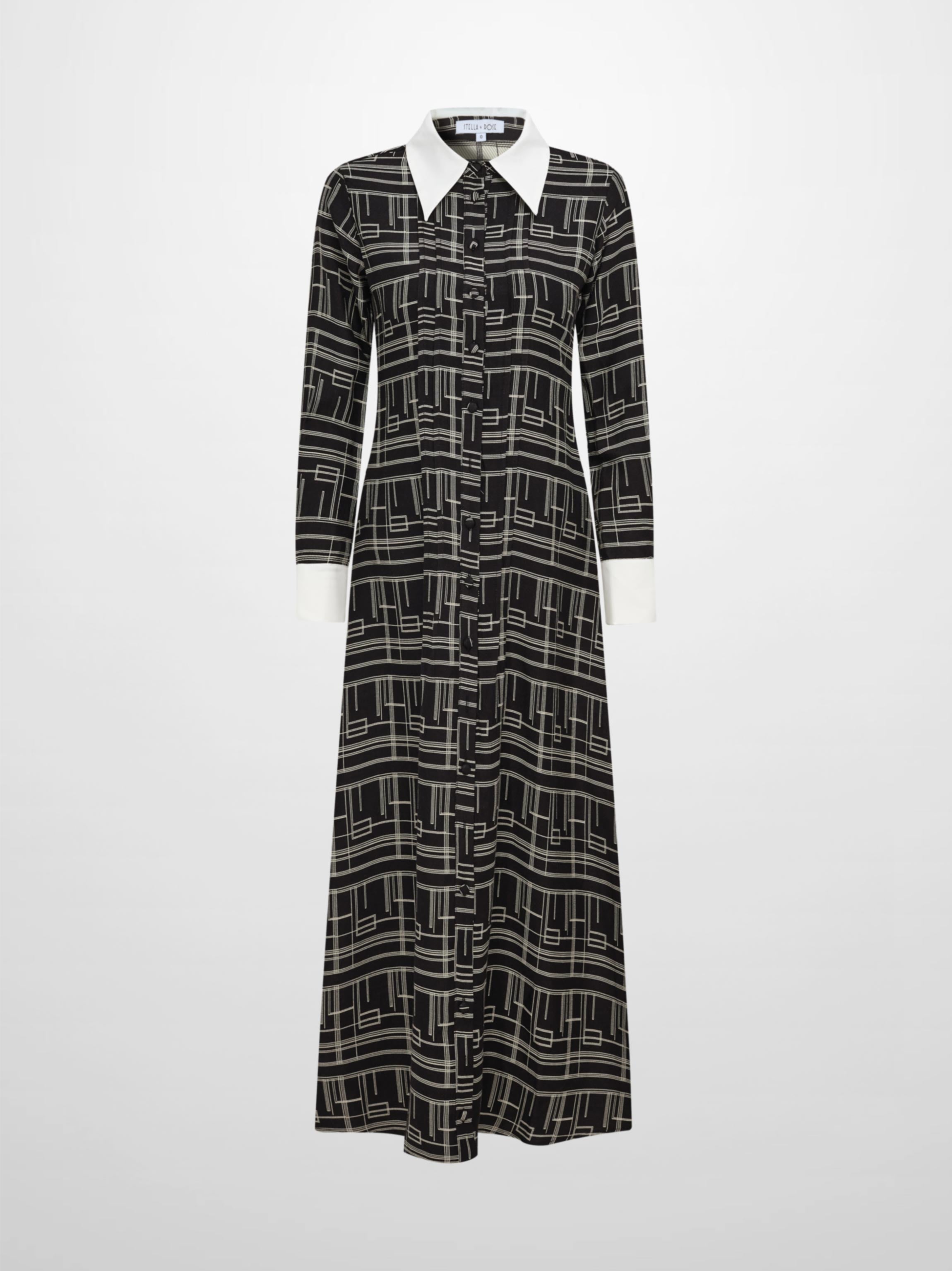 Collared Ruched Back Long Sleeve Shirtdress - Black Geometric