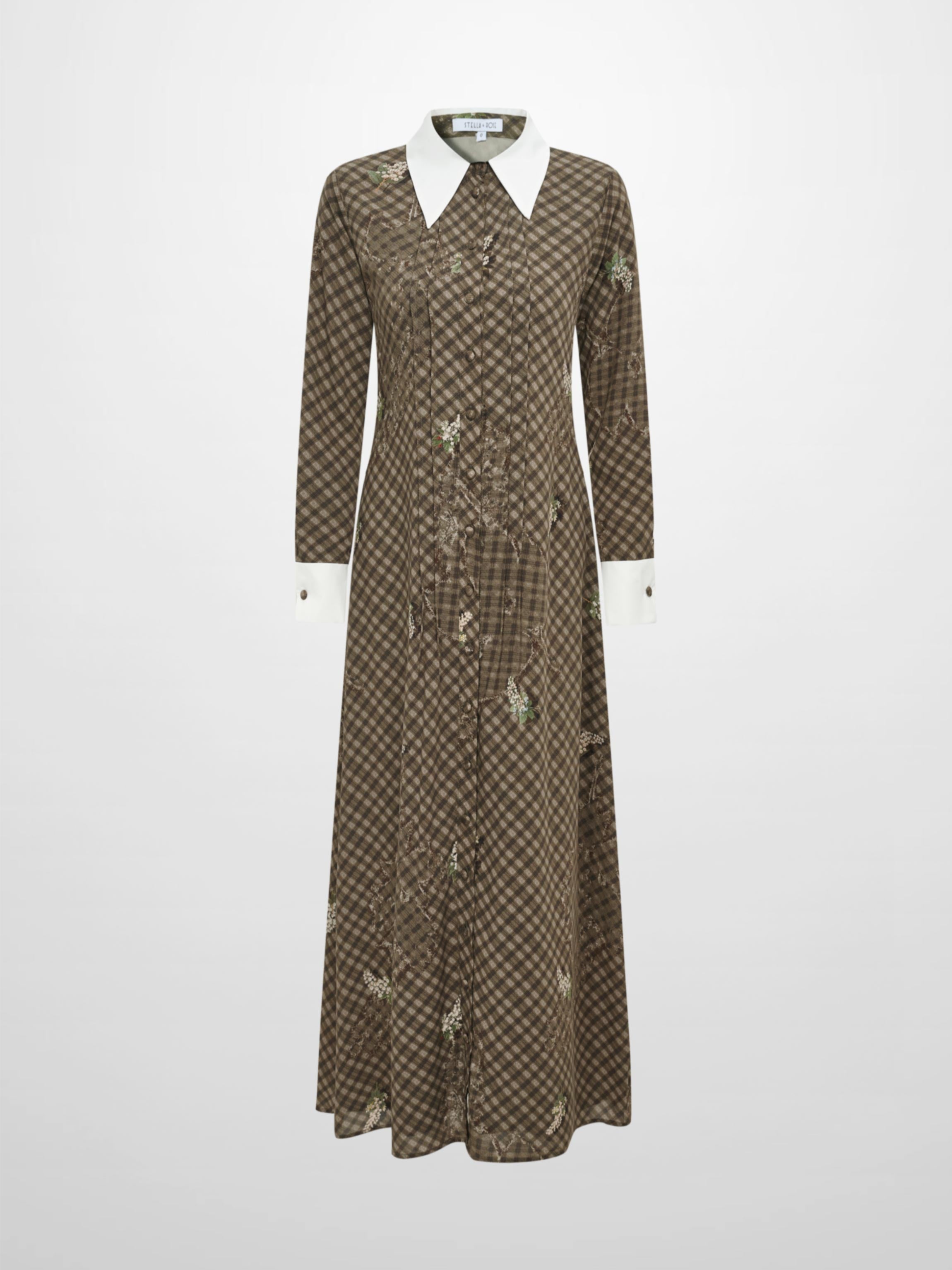 Collared Ruched Back Long Sleeve Shirtdress - Plaid Floral