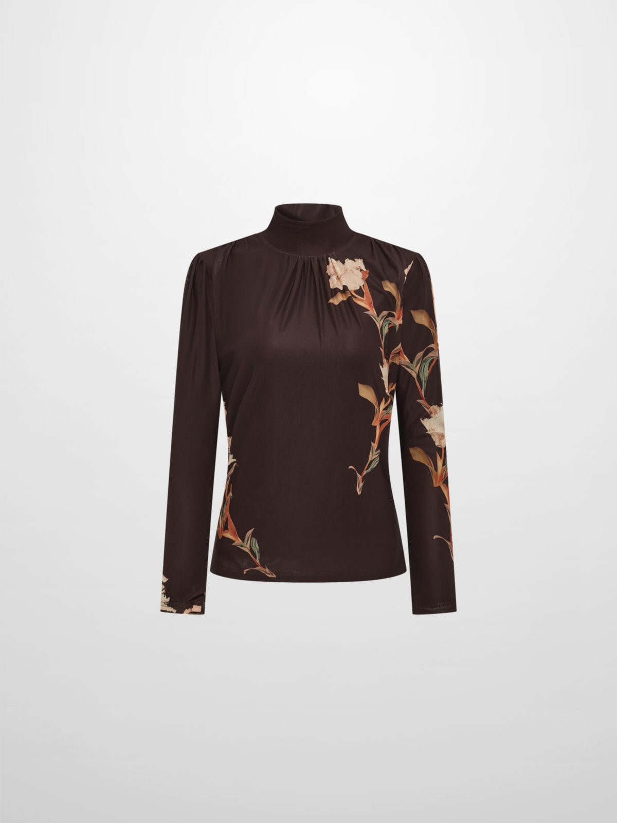 High Neck Mesh Printed Top - Brown Floral