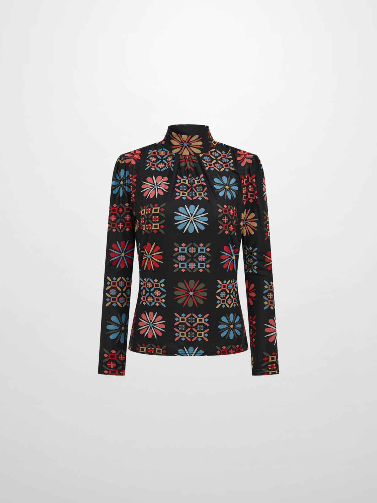 High Neck Mesh Printed Top - Color Geo Floral