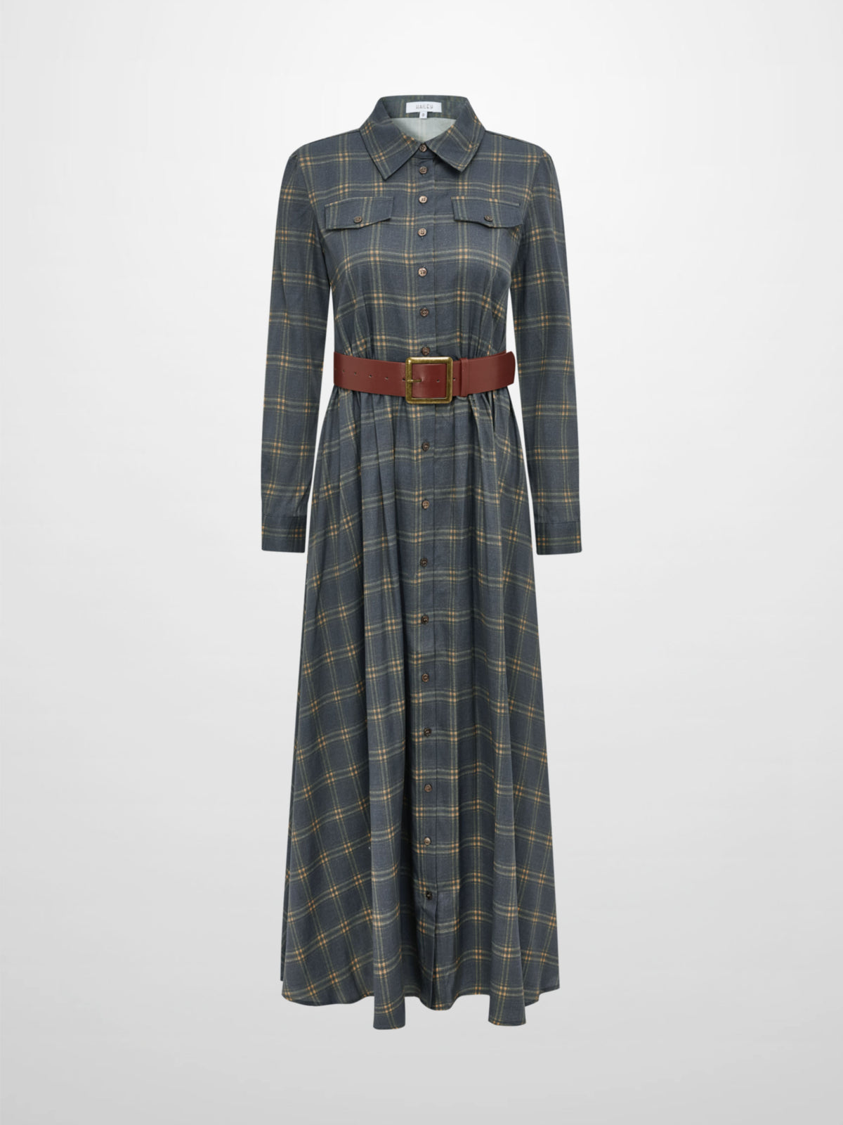 Full Maxi Plaid Shirt Dress - Grey/Yellow