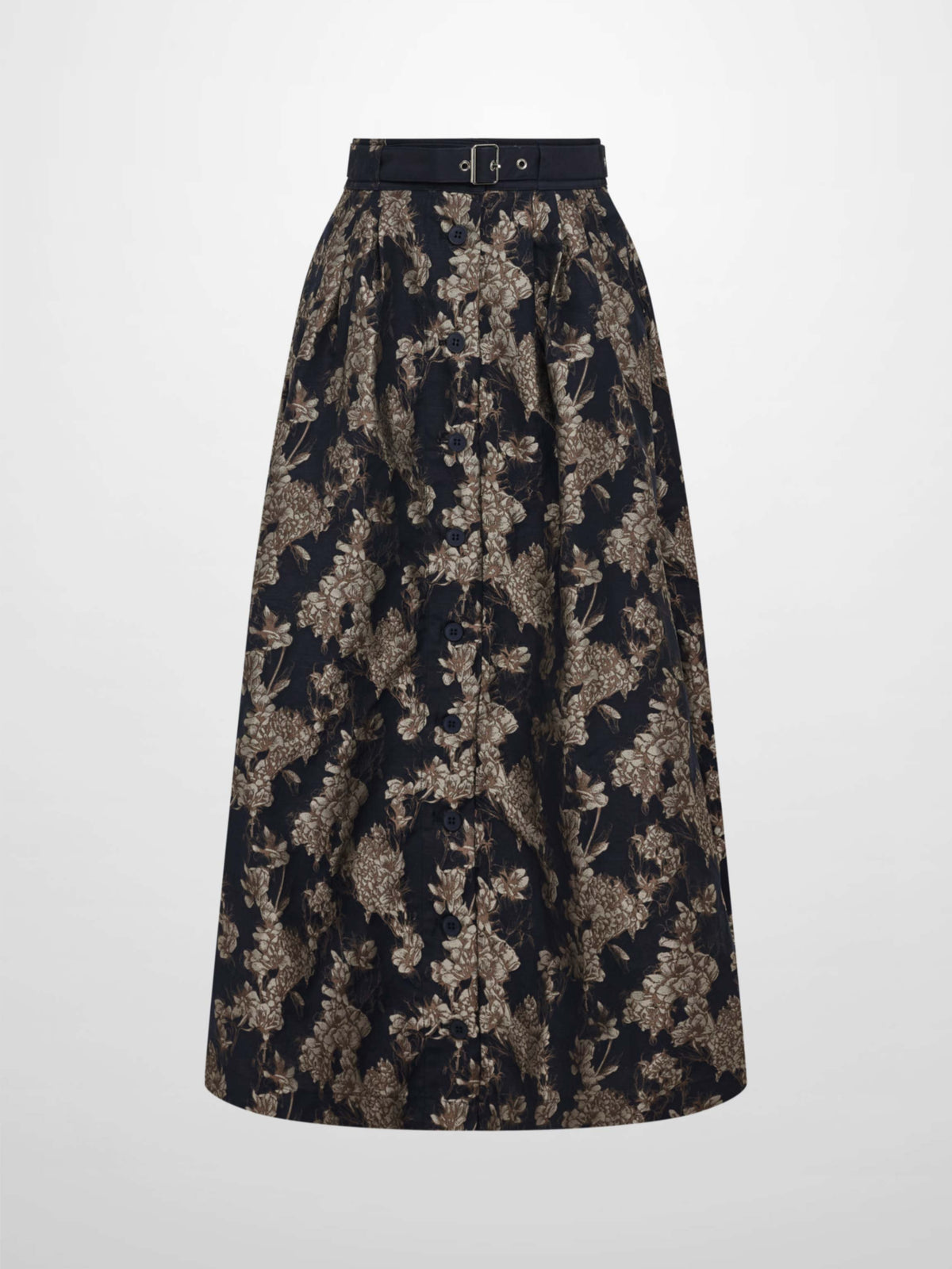 Brocade High Waist Belted Skirt - Navy Floral