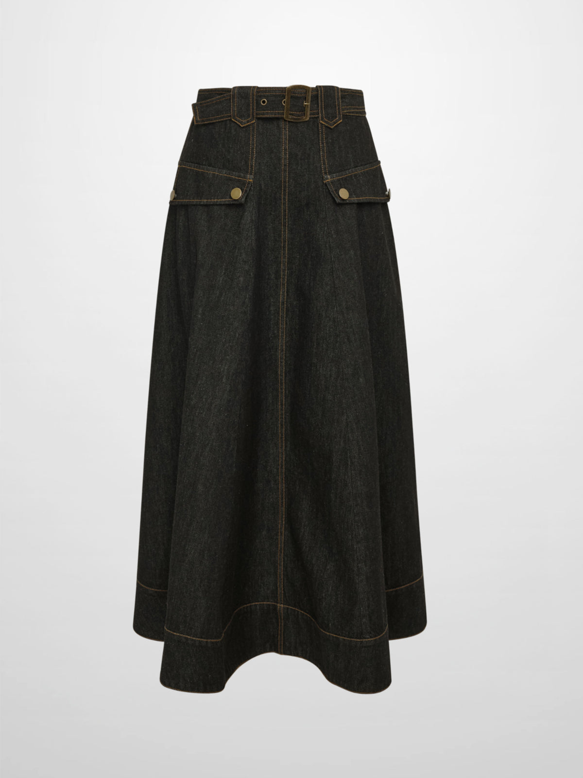 Belted Full Denim Skirt - Black
