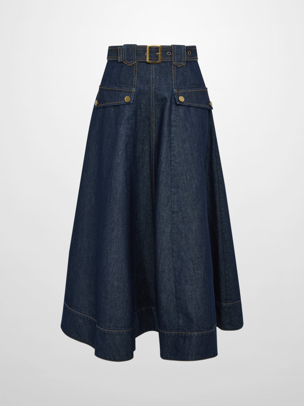 Belted Full Denim Skirt - Blue