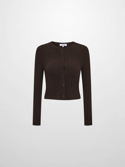 Silk Knit Ribbed Cardigan 17"- Brown