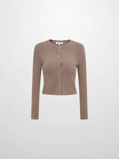 Silk Knit Ribbed Cardigan 17"- Warm Taupe