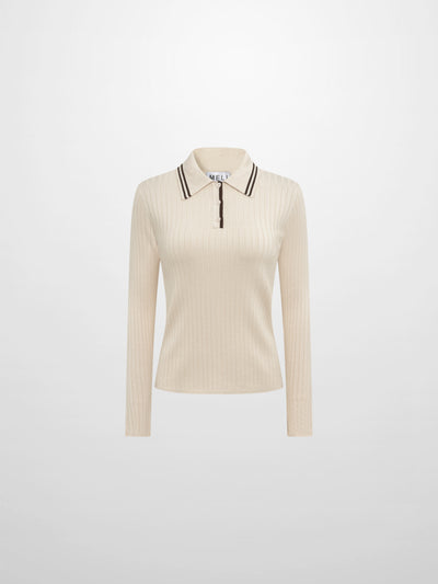 Ribbed Polo Sweater - Cream/Brown Stripe