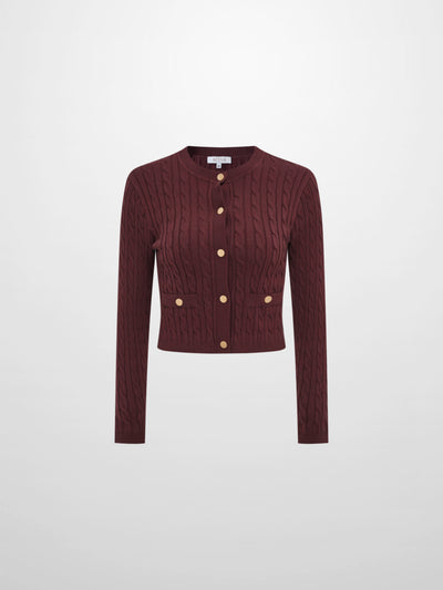 Gold Button Cable Cardigan - Burgundy