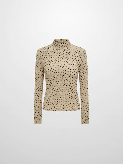 Printed Stretch Textured Turtle Neck - Cream/Burgundy Dots