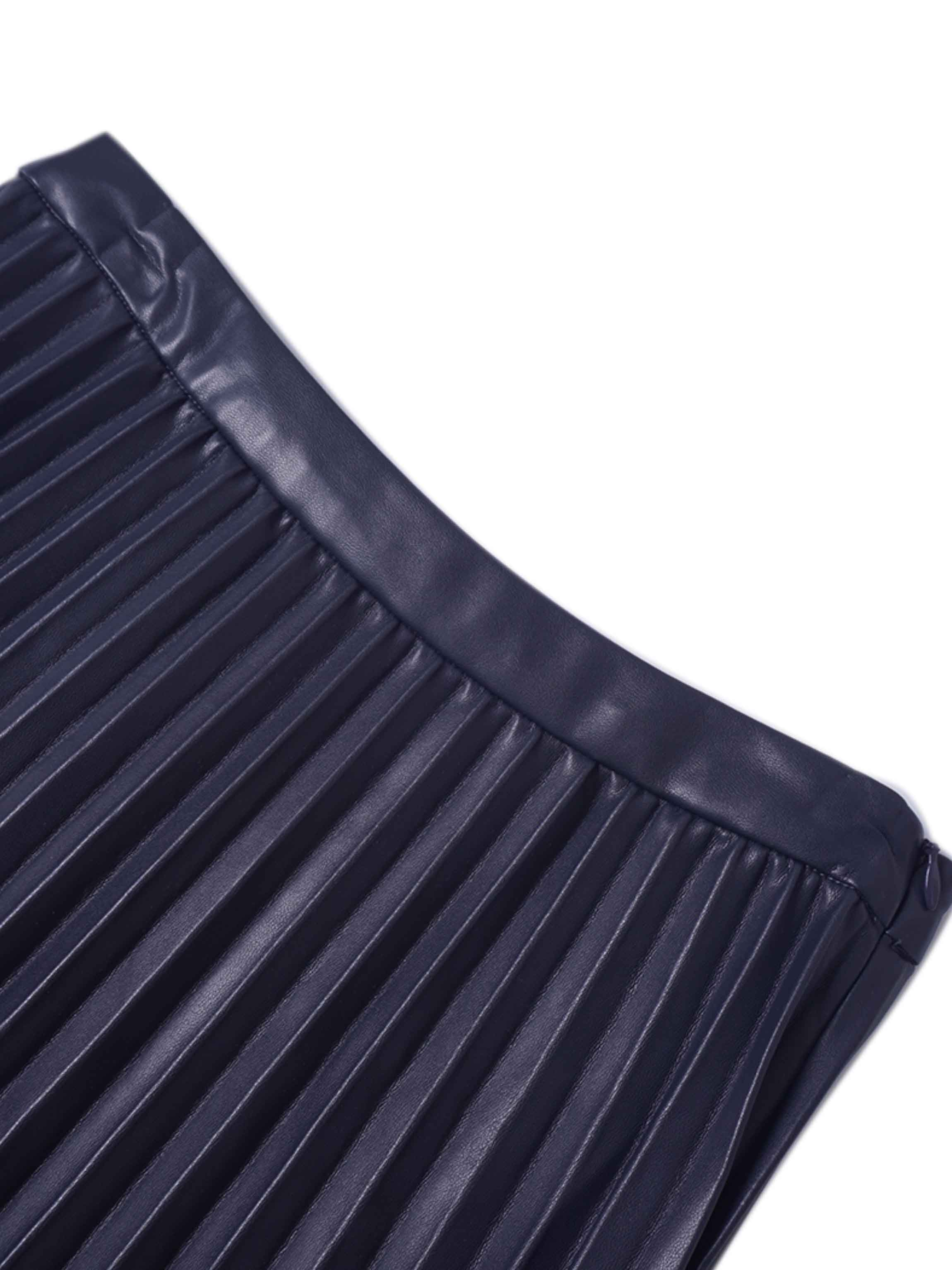 Accordion Pleated Faux Leather Skirt-Navy