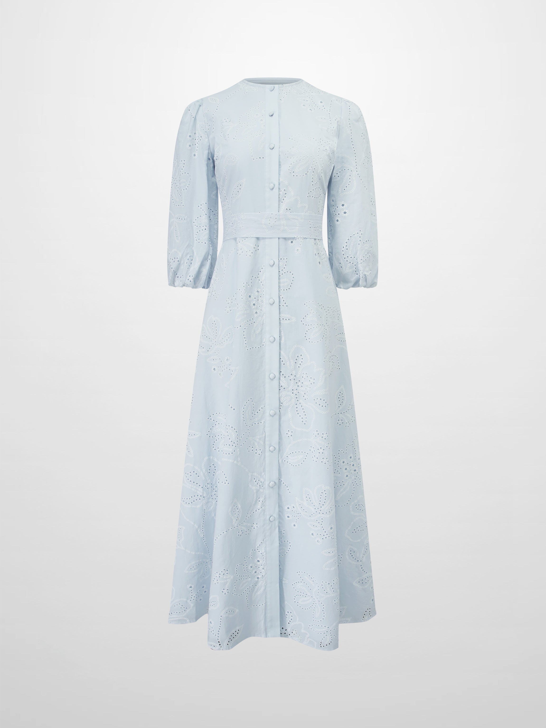 Eyelet Belted A-Line Shirtdress-Light Blue