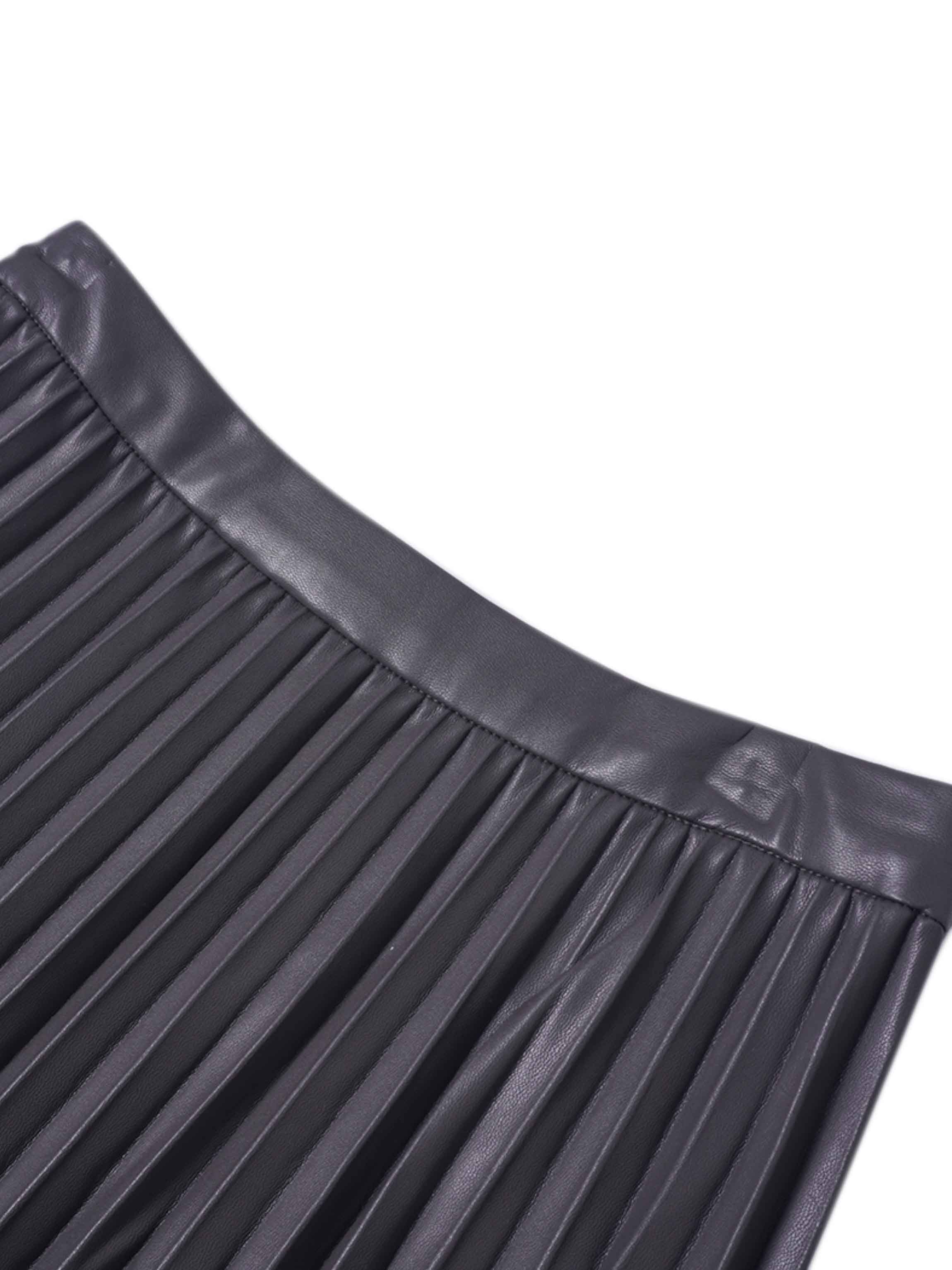 Accordion Pleated Faux Leather Skirt-Grey