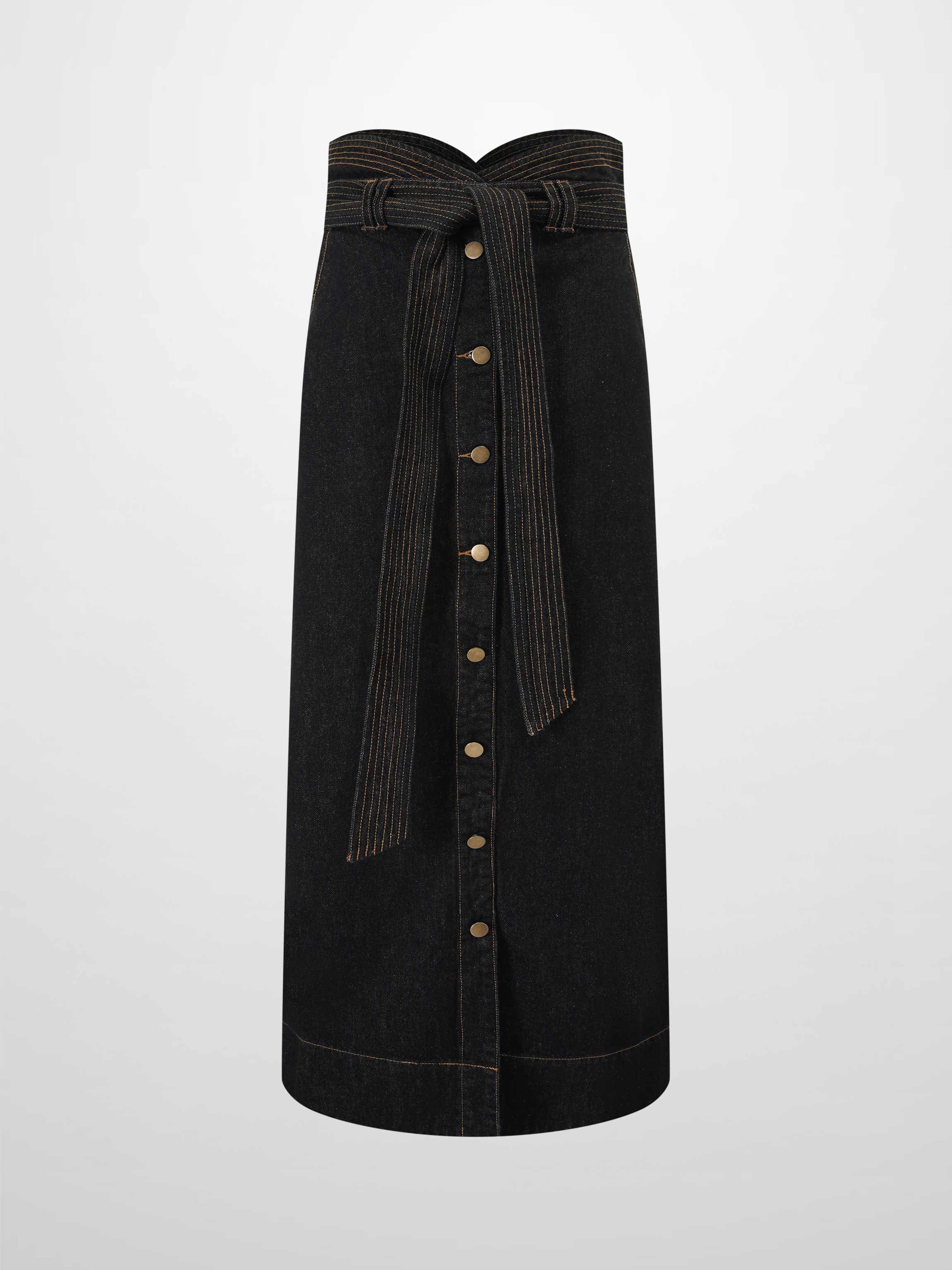 High Waist Button Down Denim Skirt-Black
