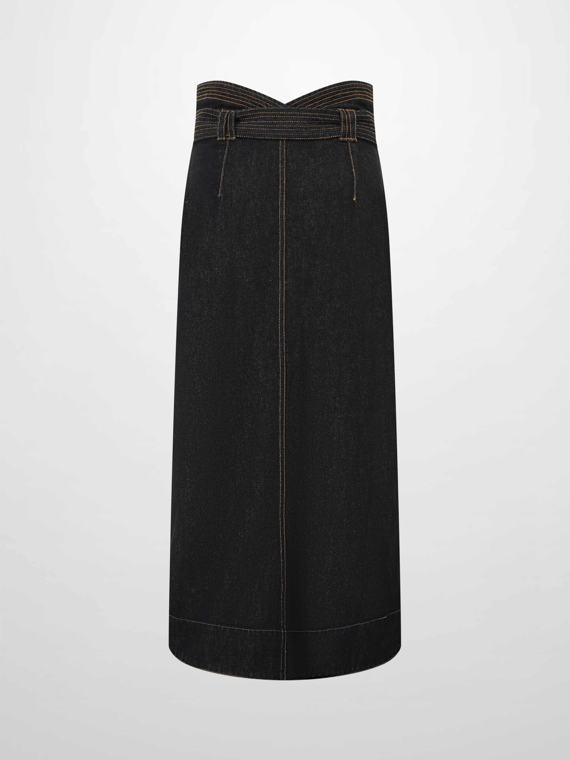 High Waist Button Down Denim Skirt-Black