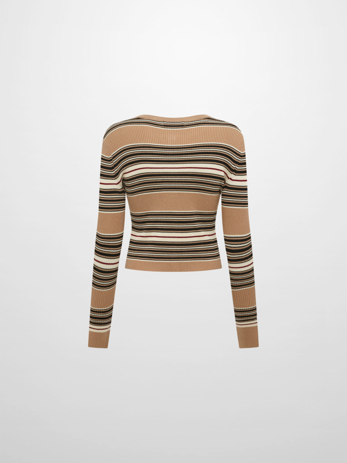 Ribbed Crew Knit Cardigan - Camel/Black Stripe