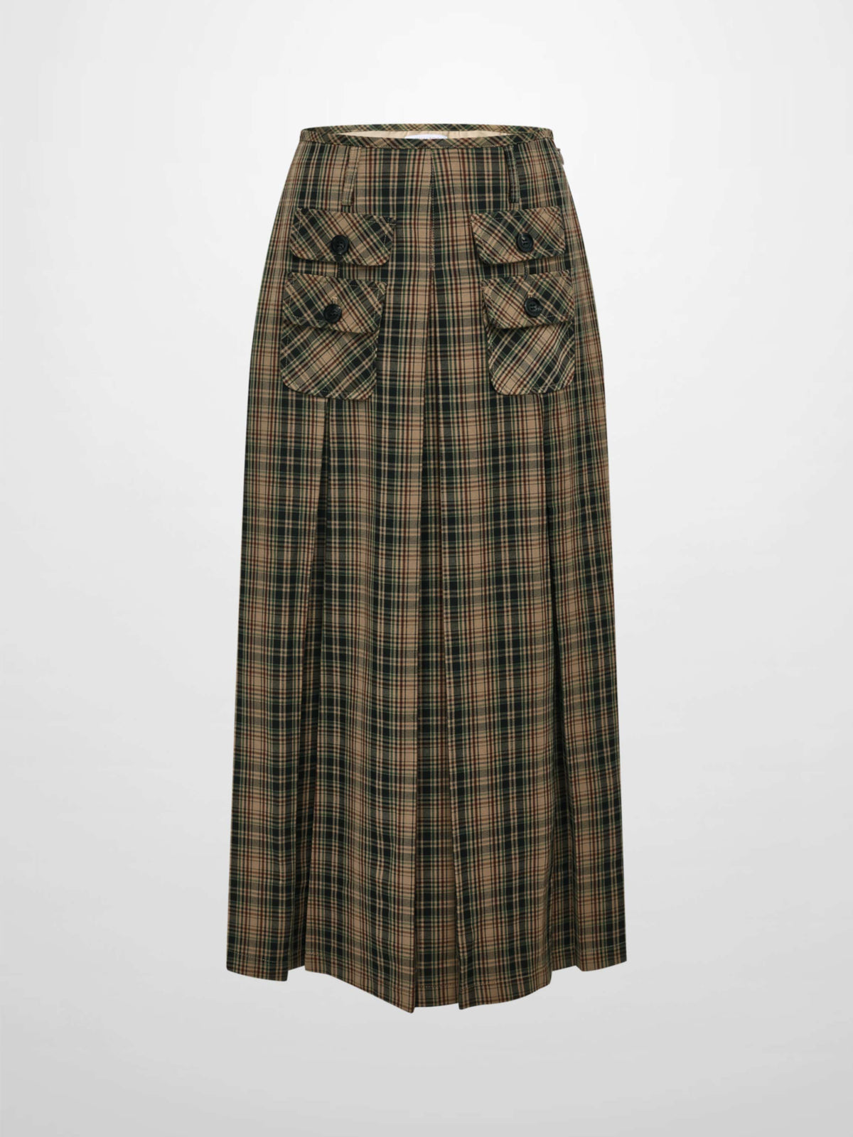 Pocket Detail Pleat Skirt - Camel/Black/Green Plaid