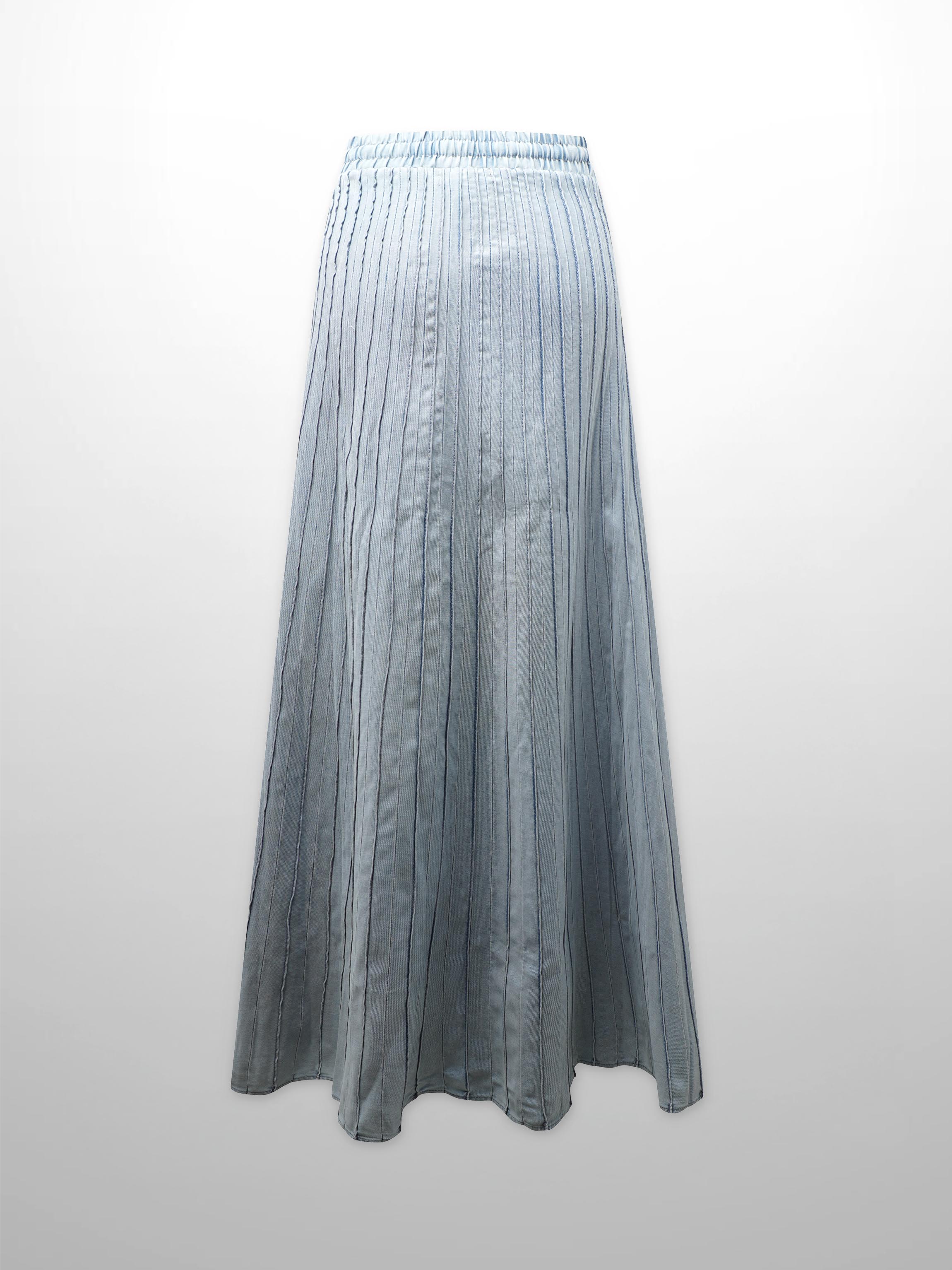 Stitched Micro Pleat Denim Skirt-Light Blue
