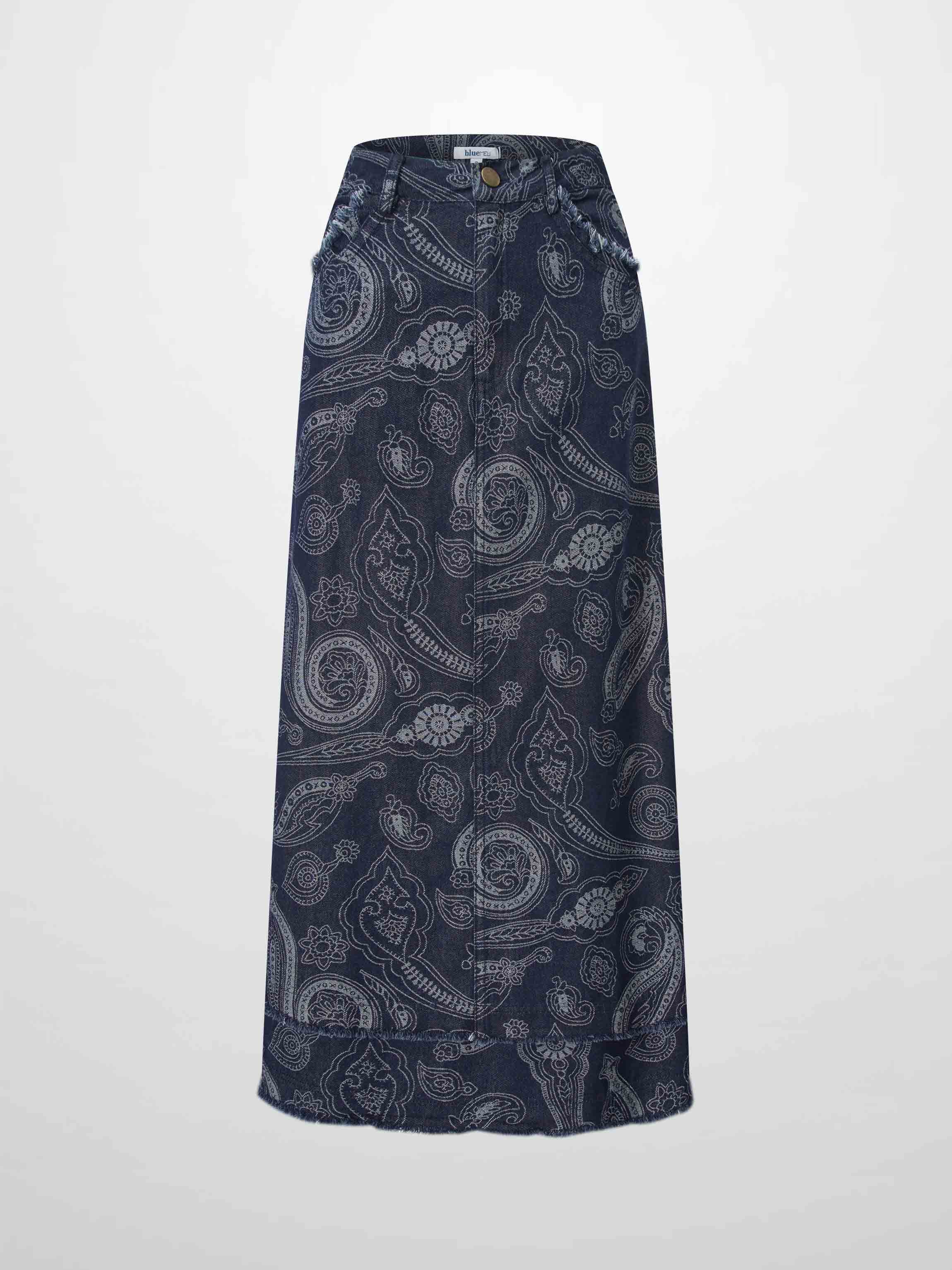Printed Fringe Denim Skirt-Paisley Print