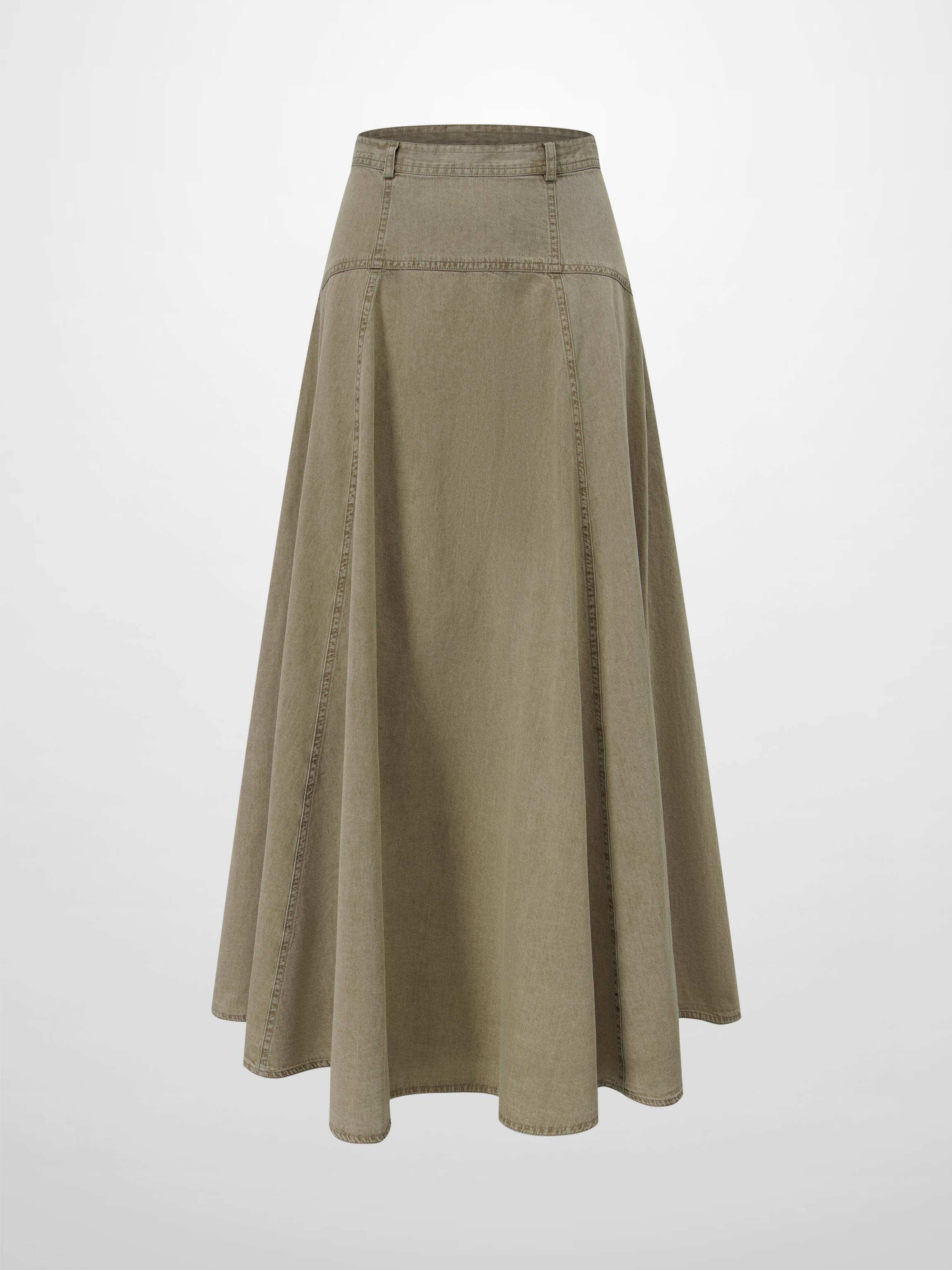 Denim Yoke Circle Skirt-Washed Khaki