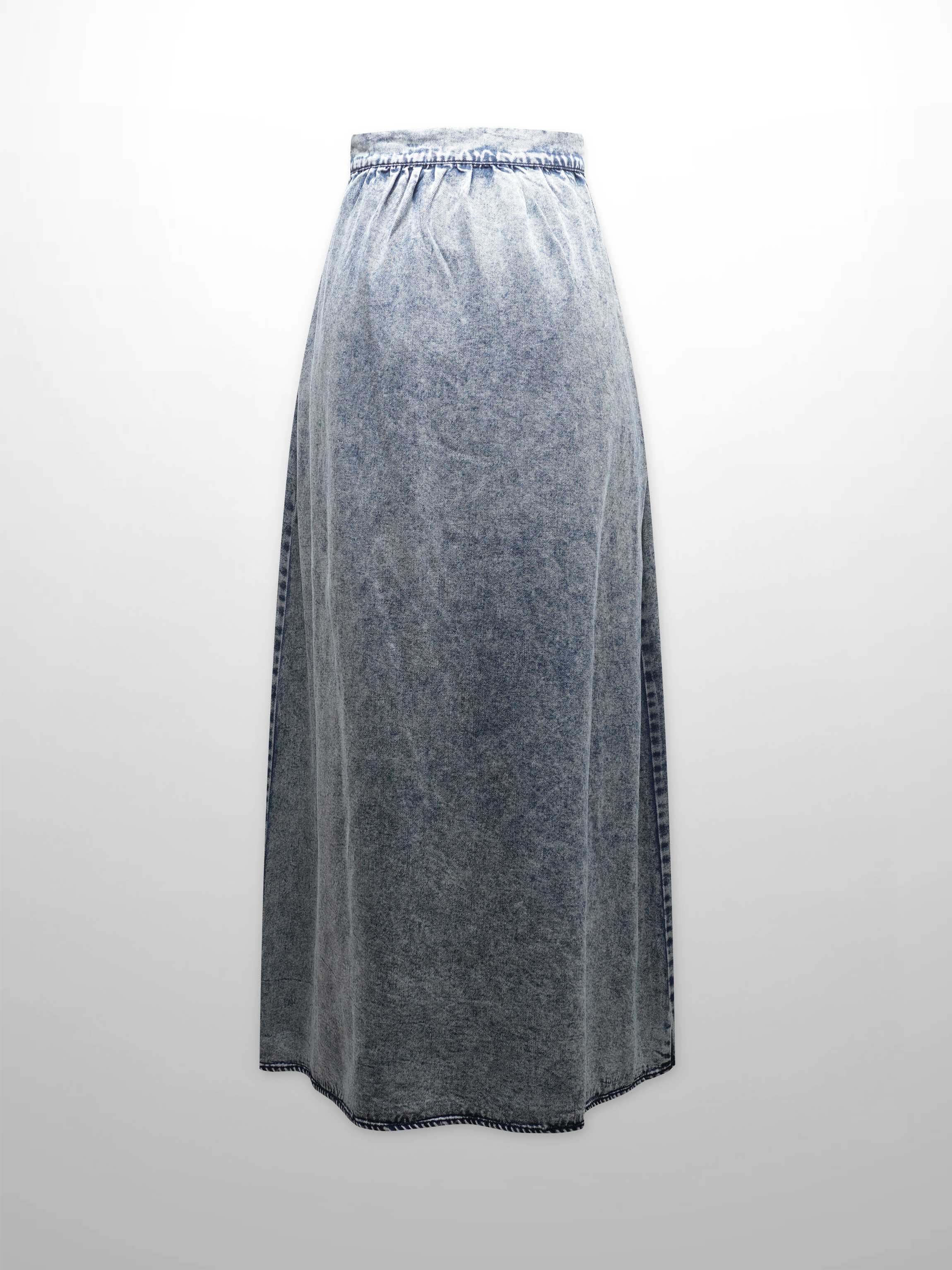 Curved Yoke Washed Denim Skirt 37"-Washed Blue