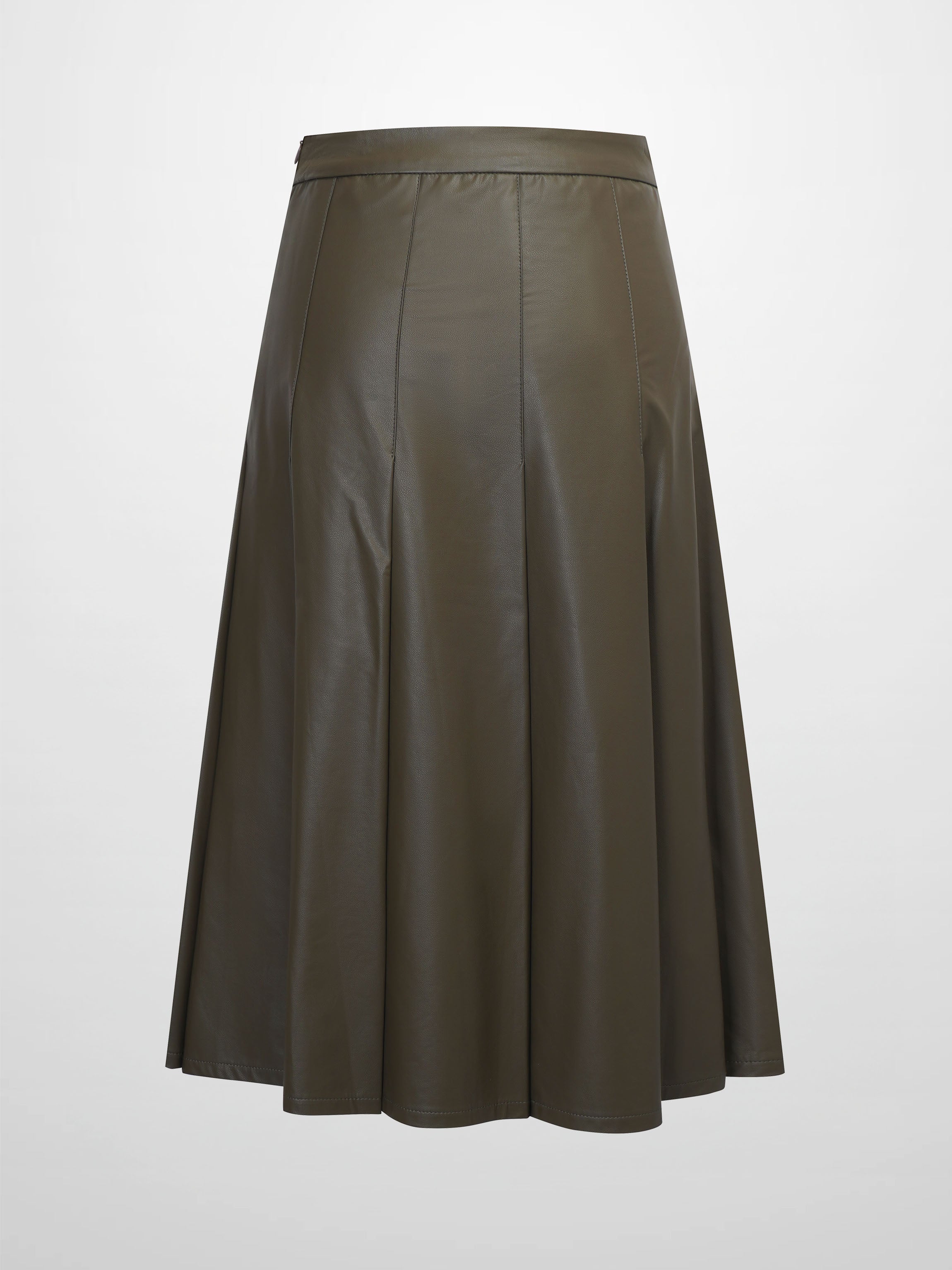 Faux Leather Stitch Down Pleated Skirt-Olive Green