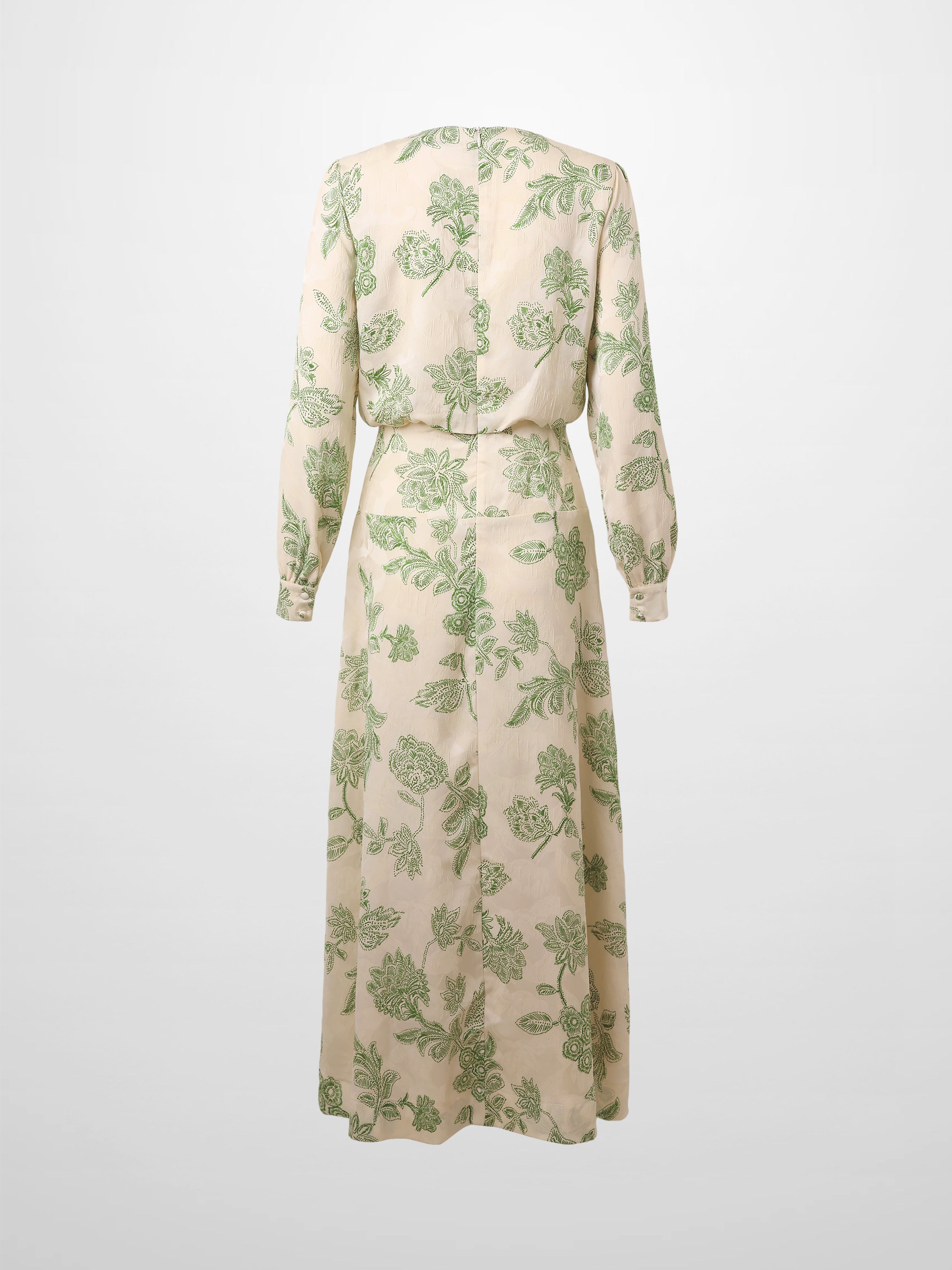 Waist Yoke Dress-Green Sketch Flower