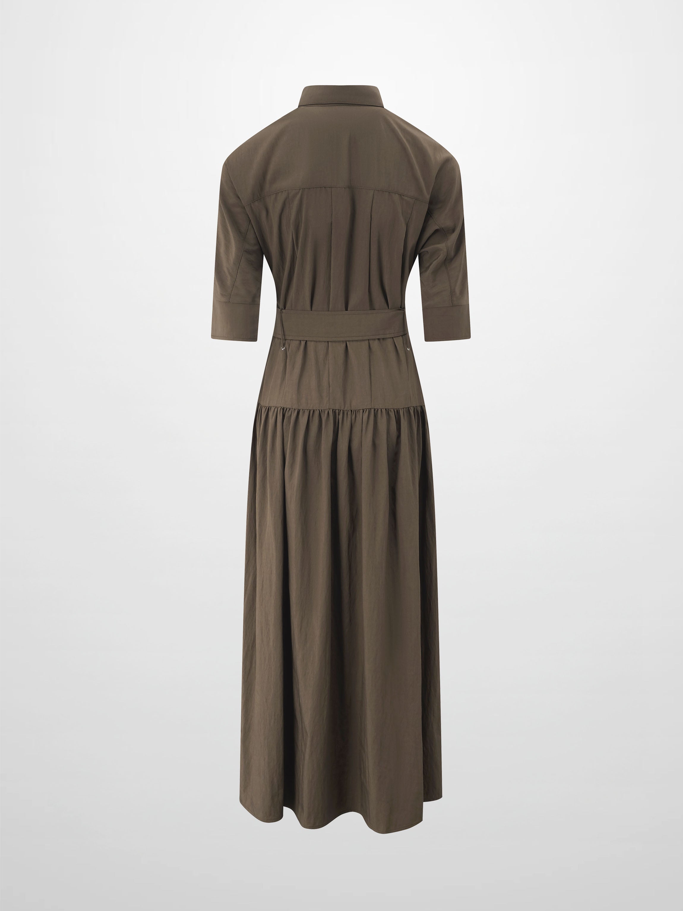 Cotton Yoke Gathered Dress-Brown