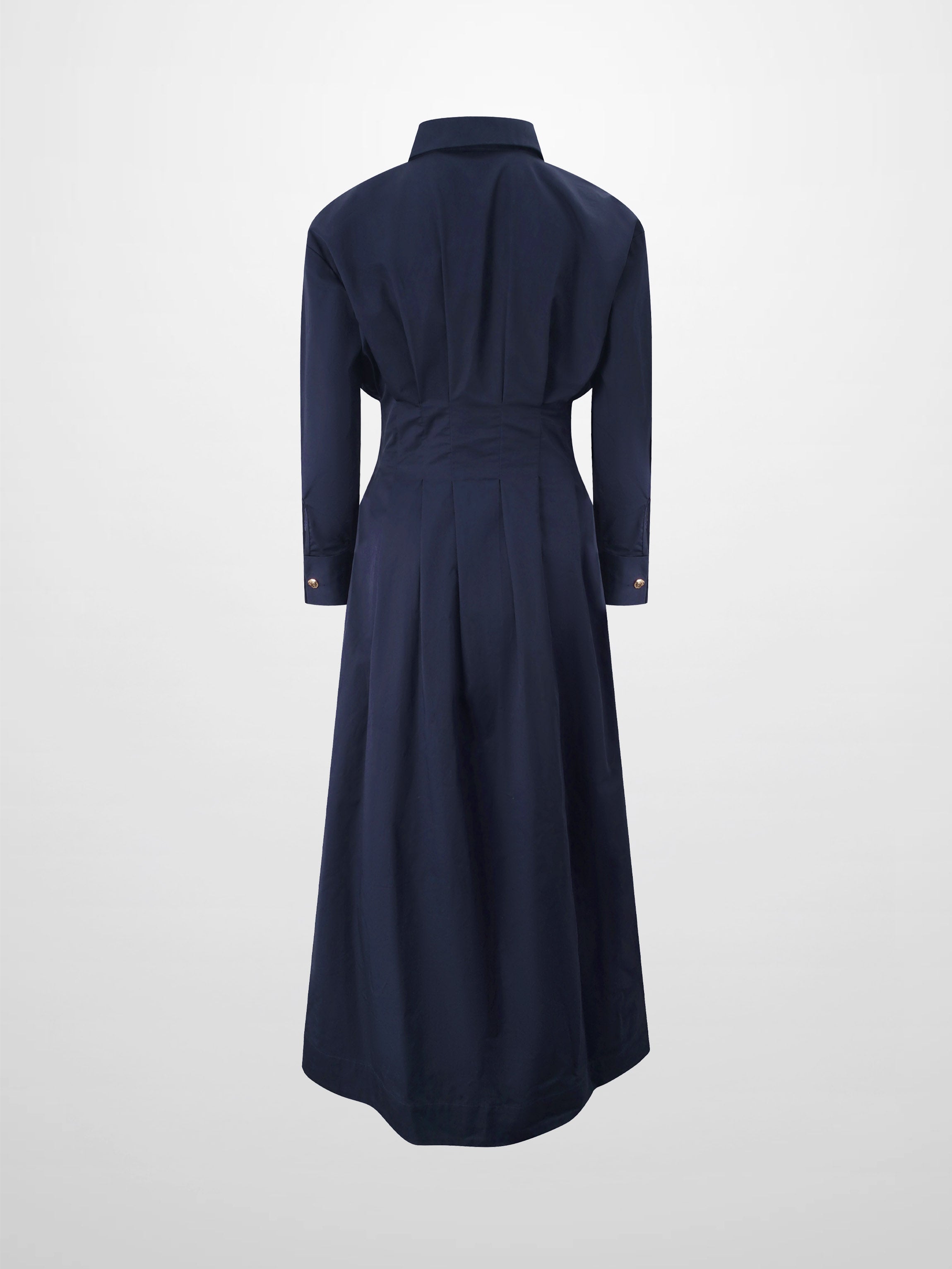 Pleat Waist Button Down Dress-Navy