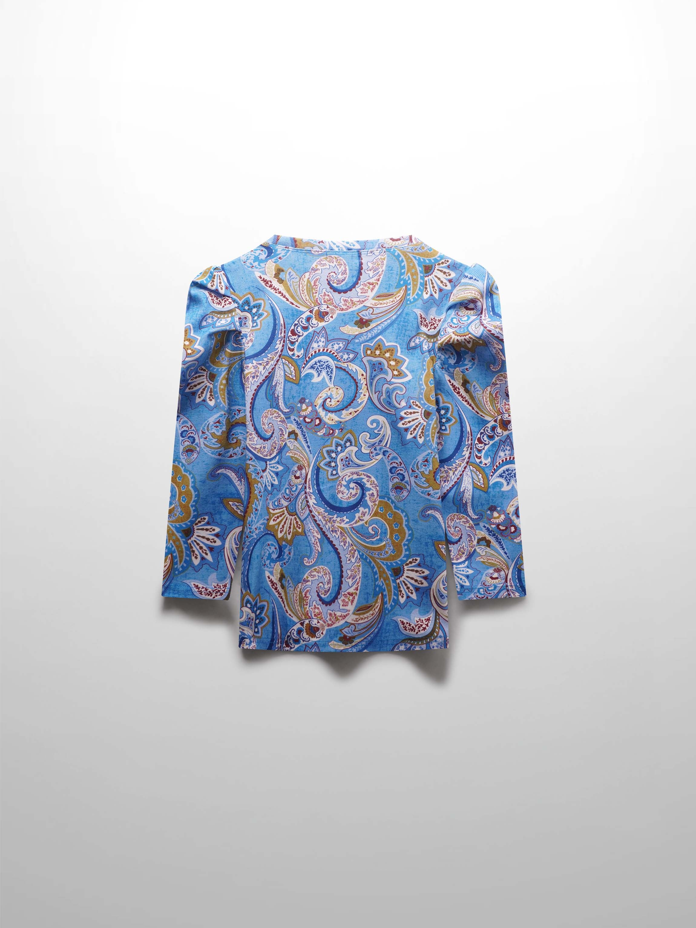 Ribbed Crew Neck Puff Sleeve Top-Light Blue Paisley