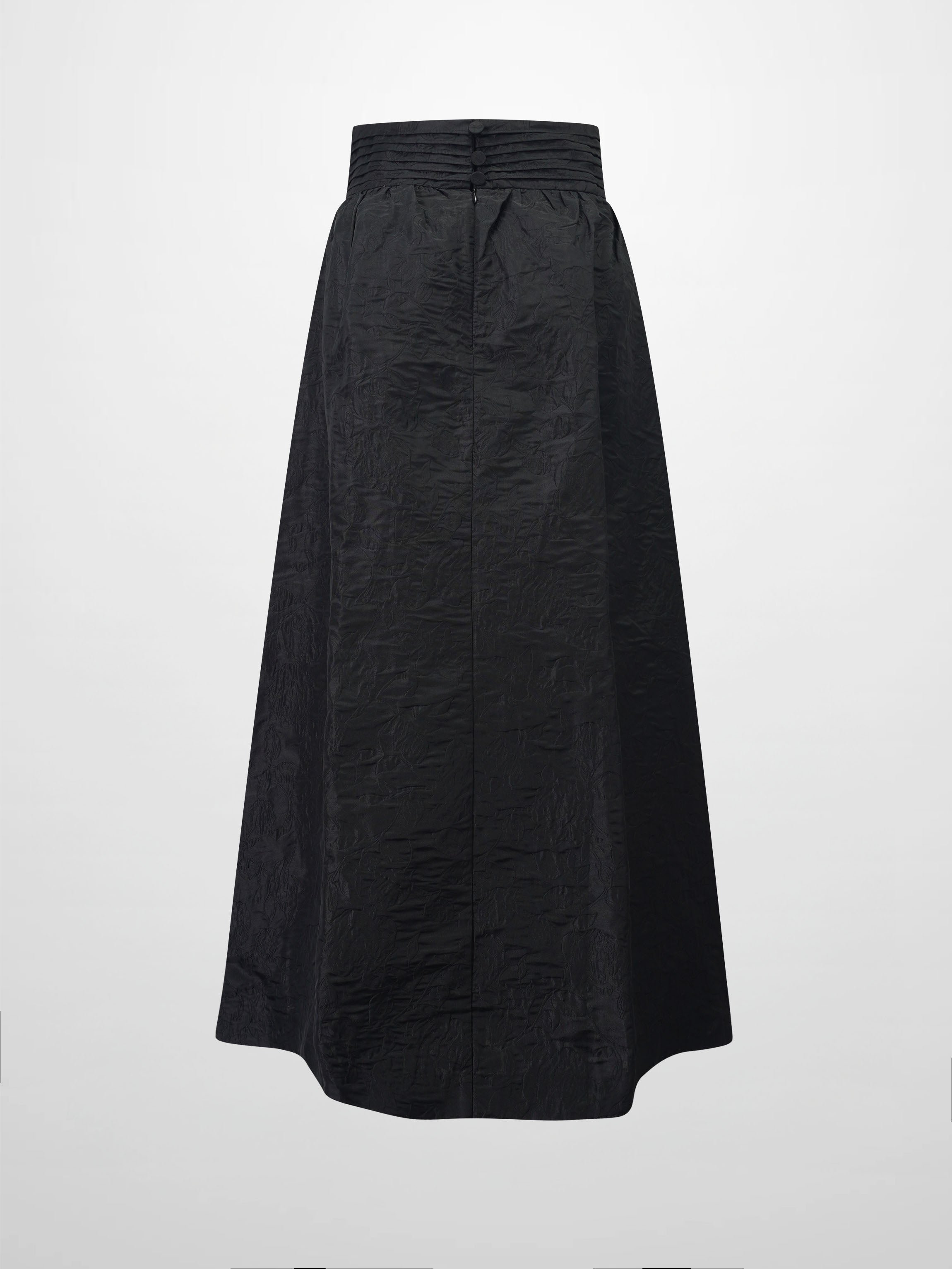 Pleated Waistband Brocade Full Skirt-Black