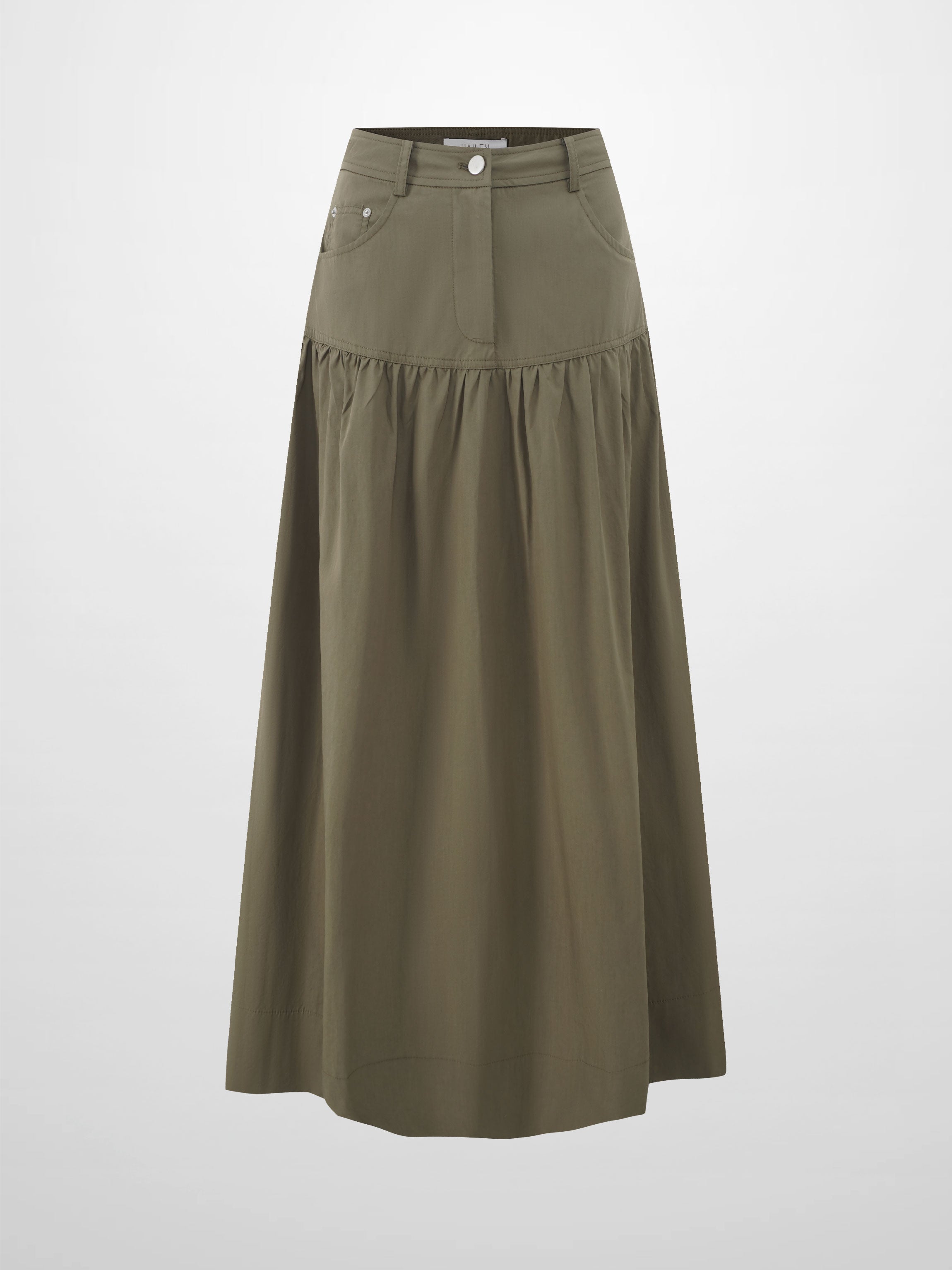 Gathered Drop Waist Yoke Skirt-Olive