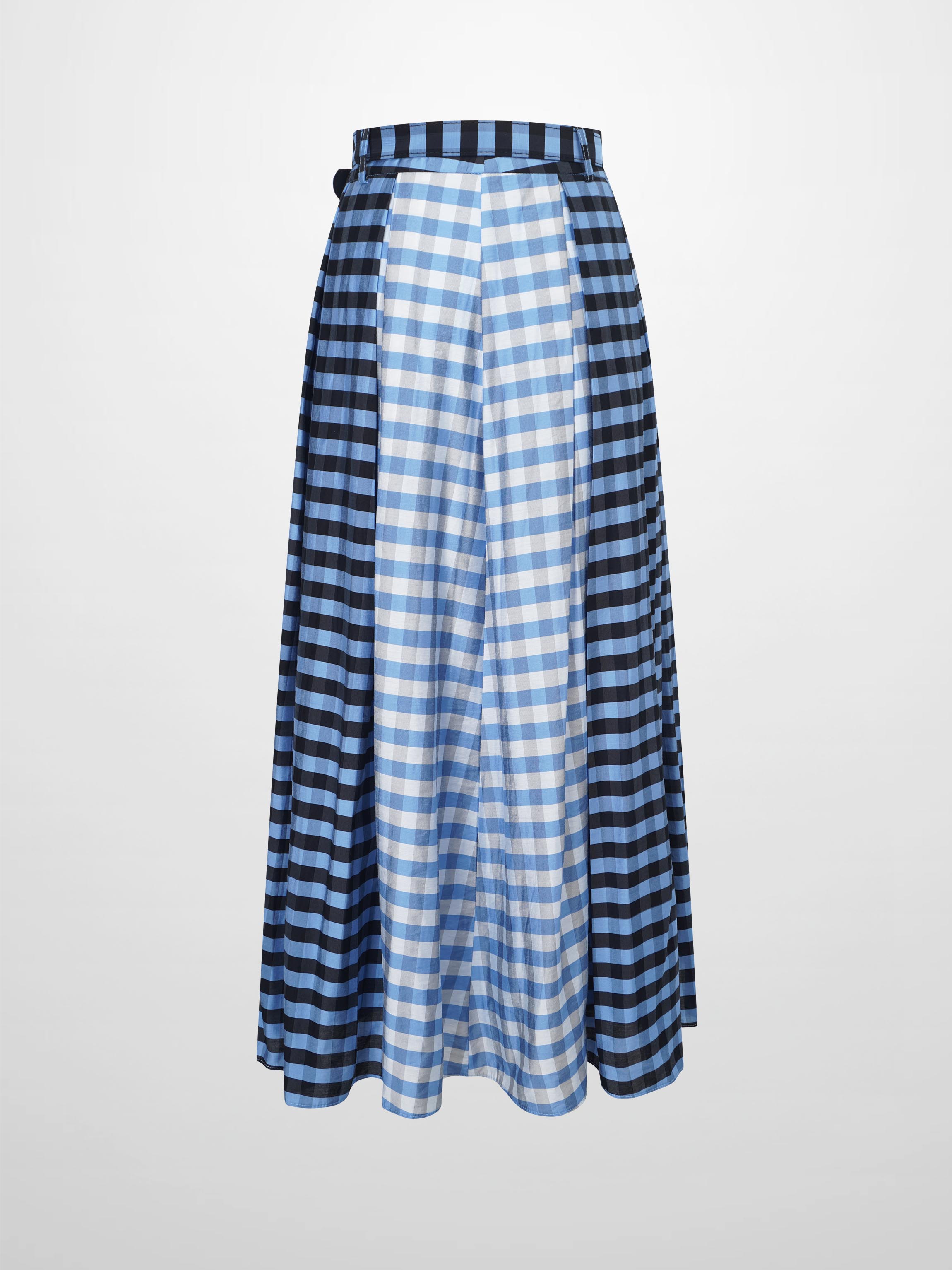 Gingham Two Color Box Pleat Skirt-Blue