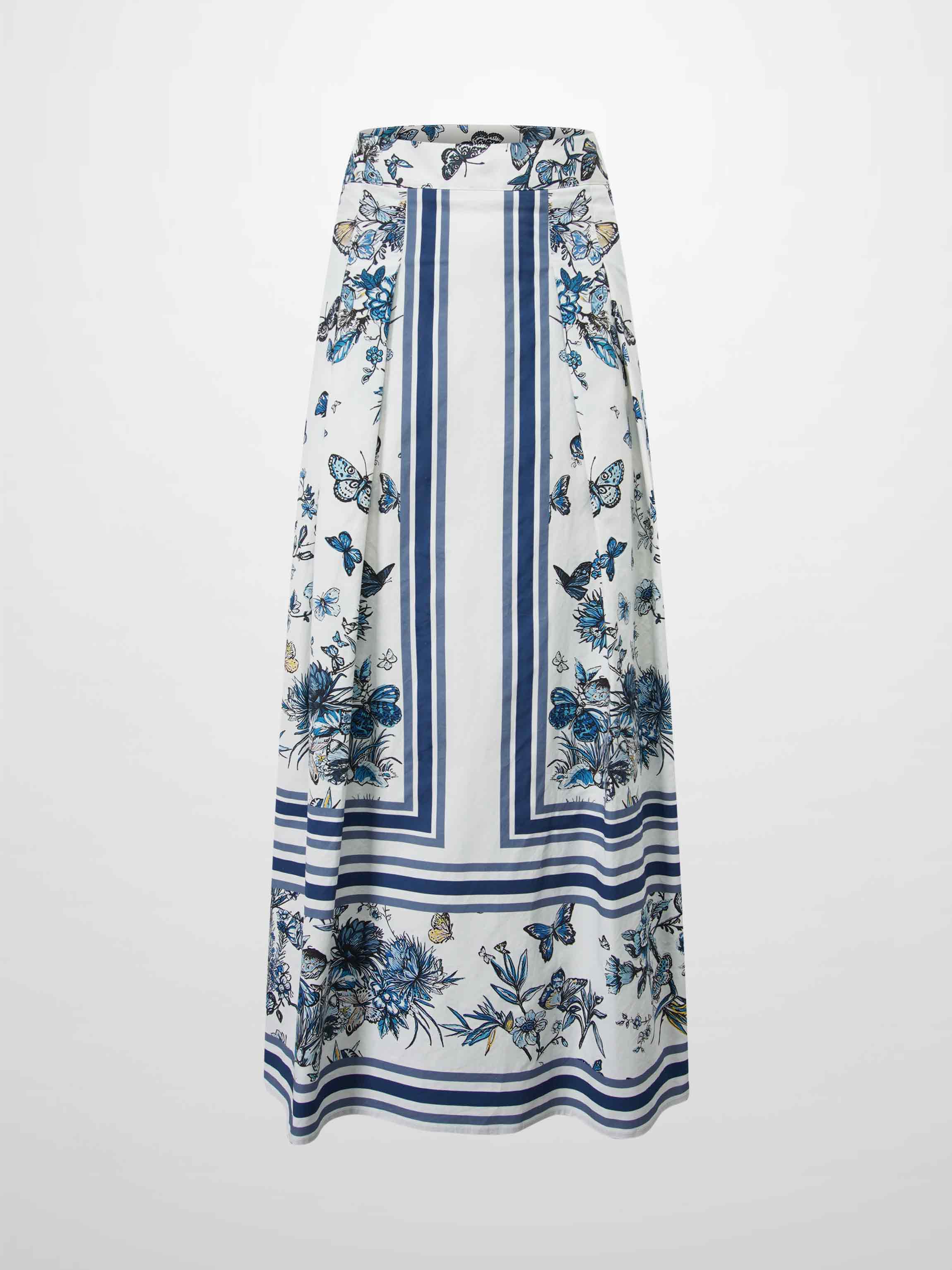 Printed Cotton Pleat Skirt-Navy/White