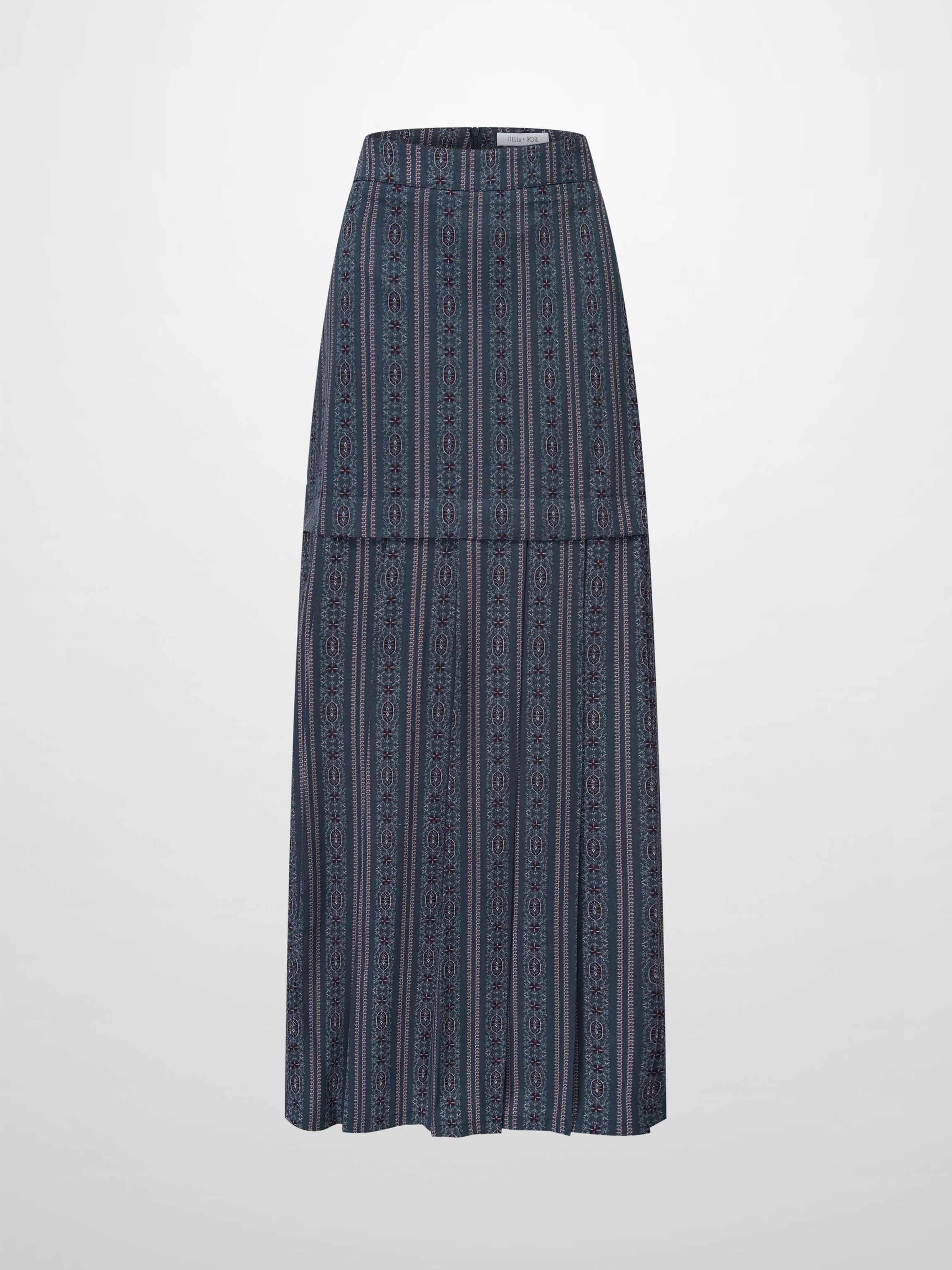Pleat Bottom Flower Print Skirt-Blue Striped Medallion