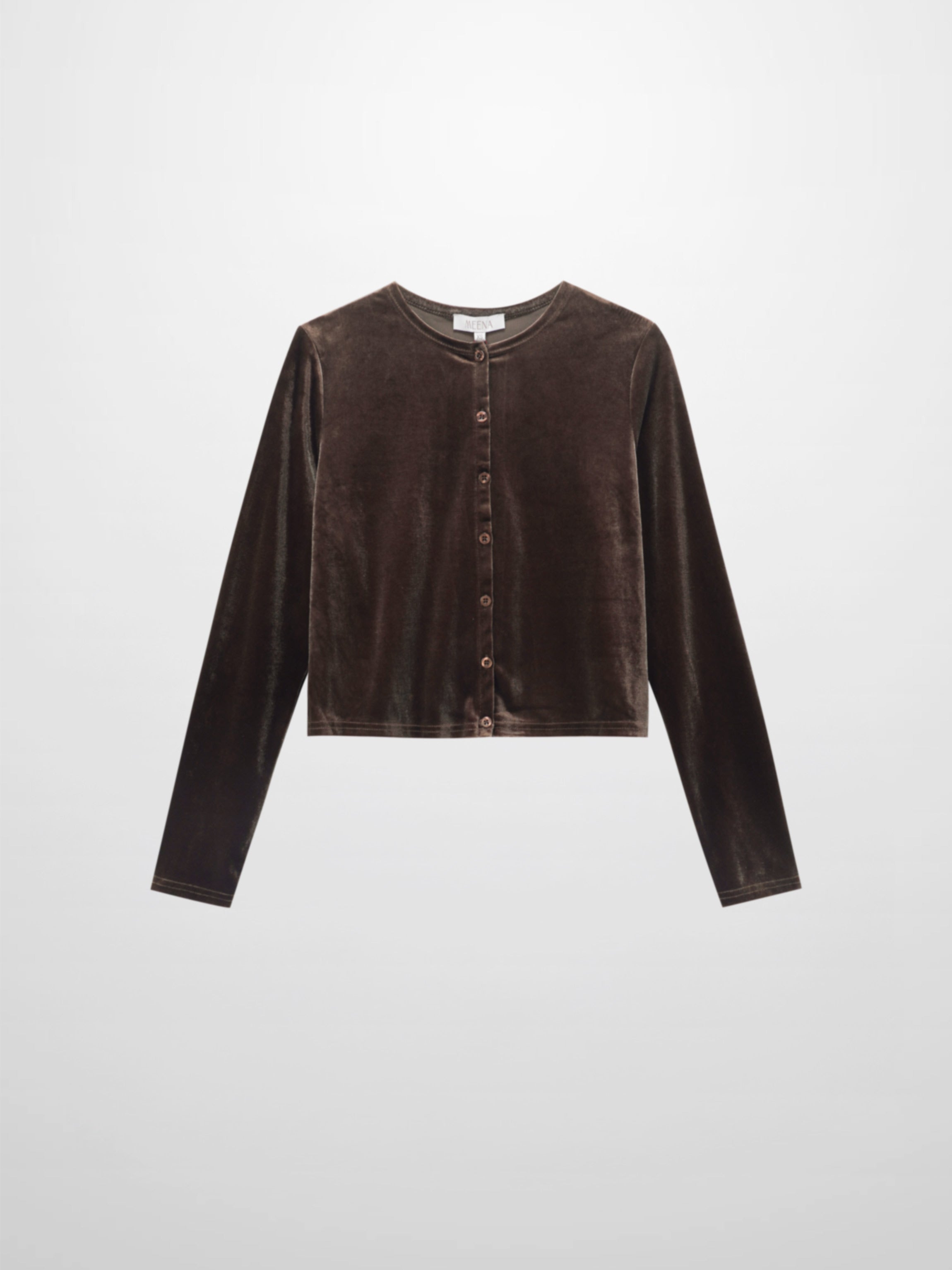 Velour Button Down Crew Cardigan-Brown