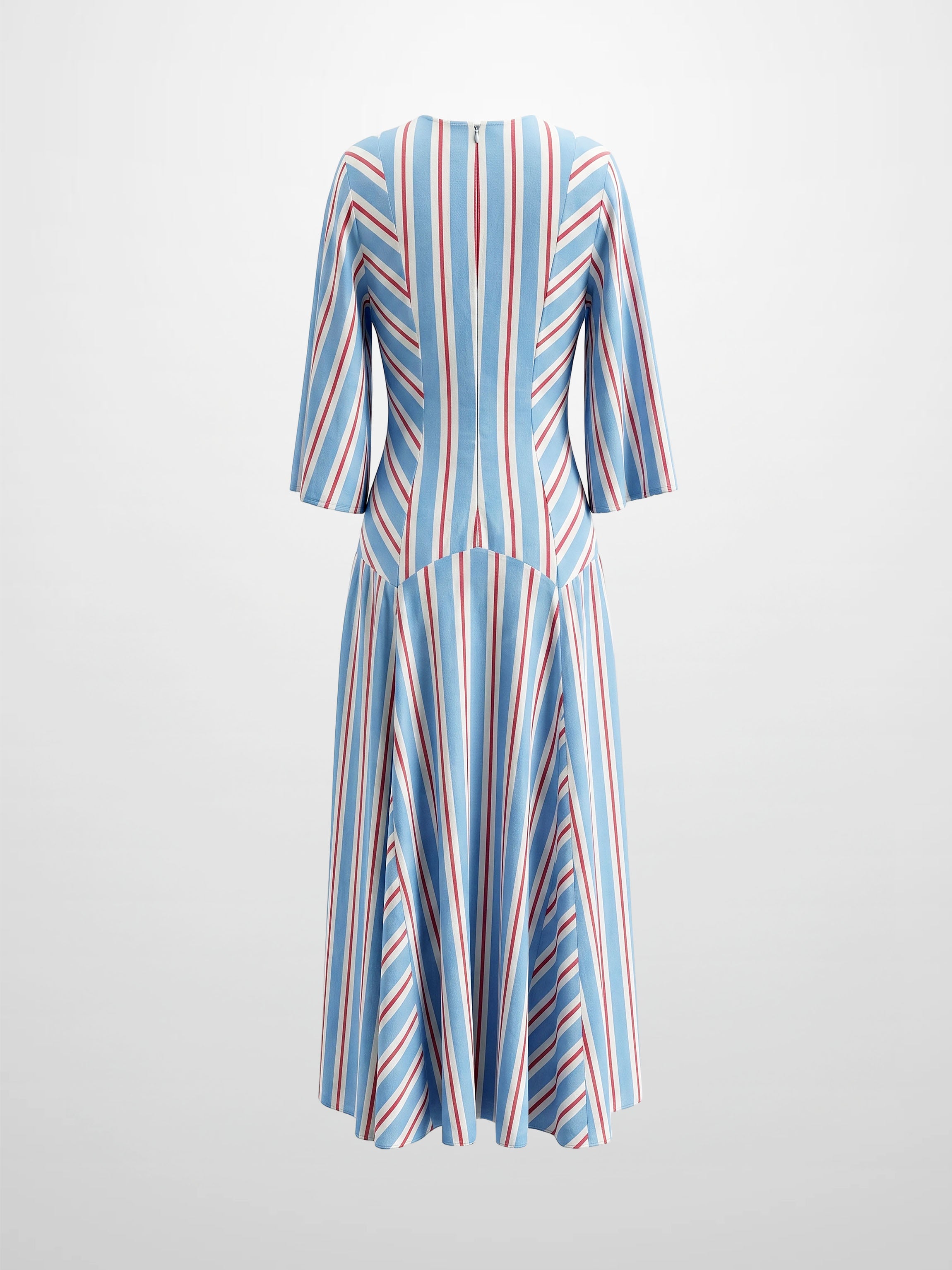 Striped Flare Sleeve Dress-Light Blue/White