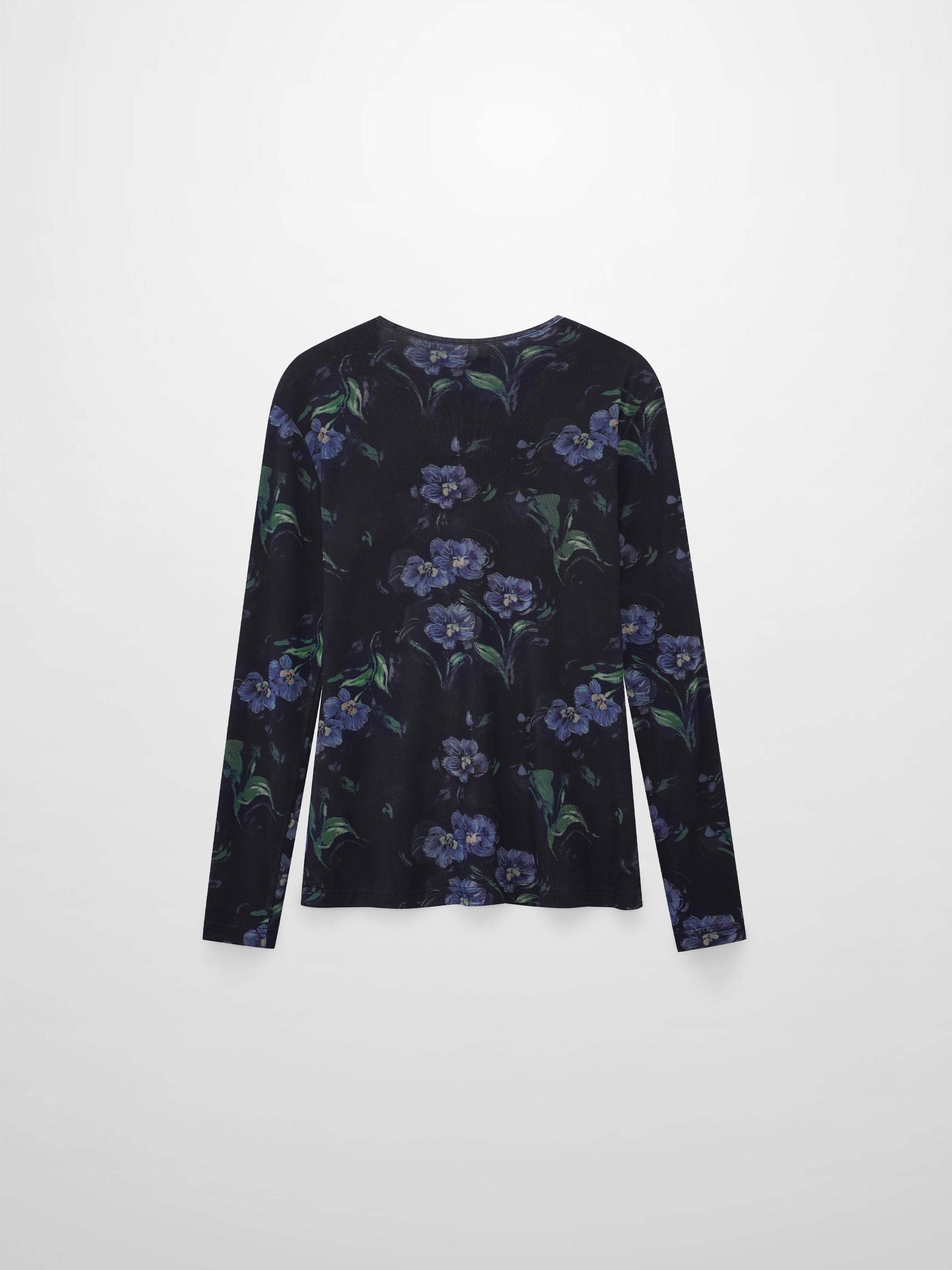 Mesh Crew Neck Print Top-Blue Floral