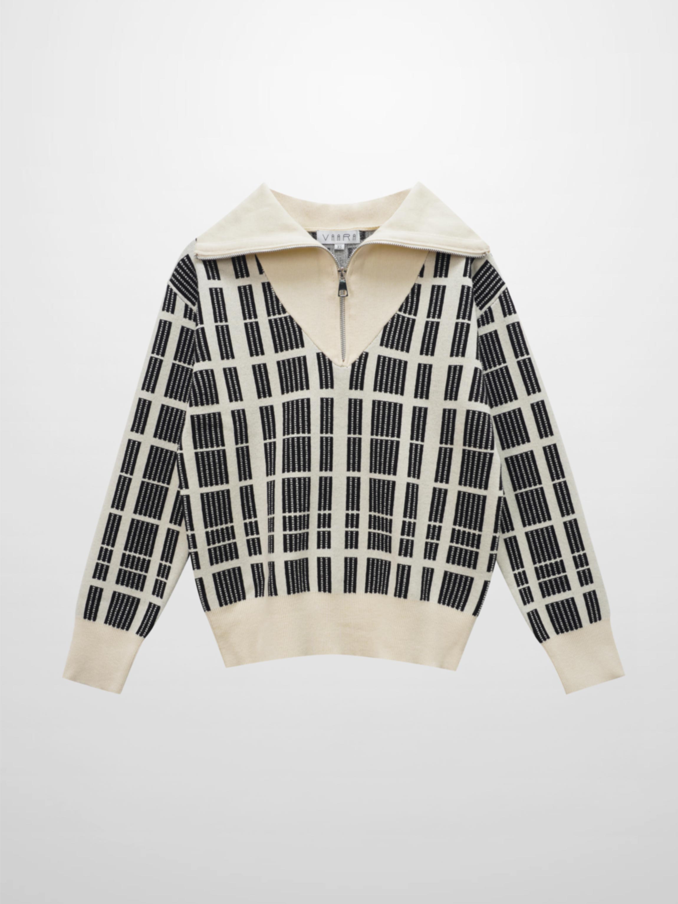 Half Zip Shawl Collar Sweater-Cream/Black