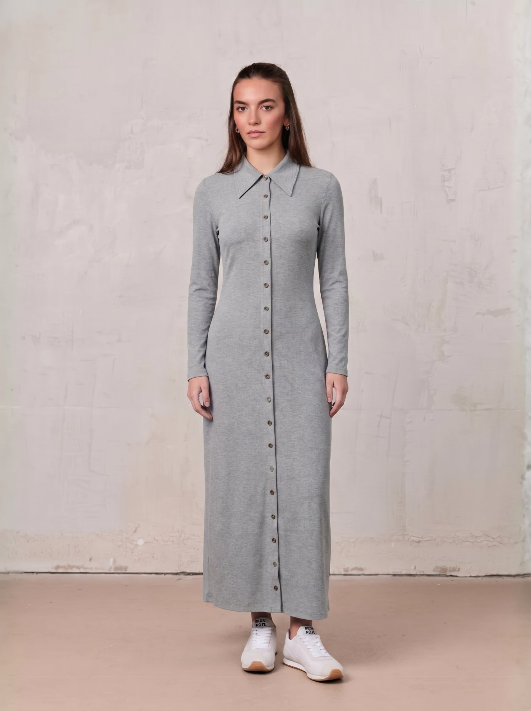 Button Down Ribbed Maxi Dress-Heathered Grey