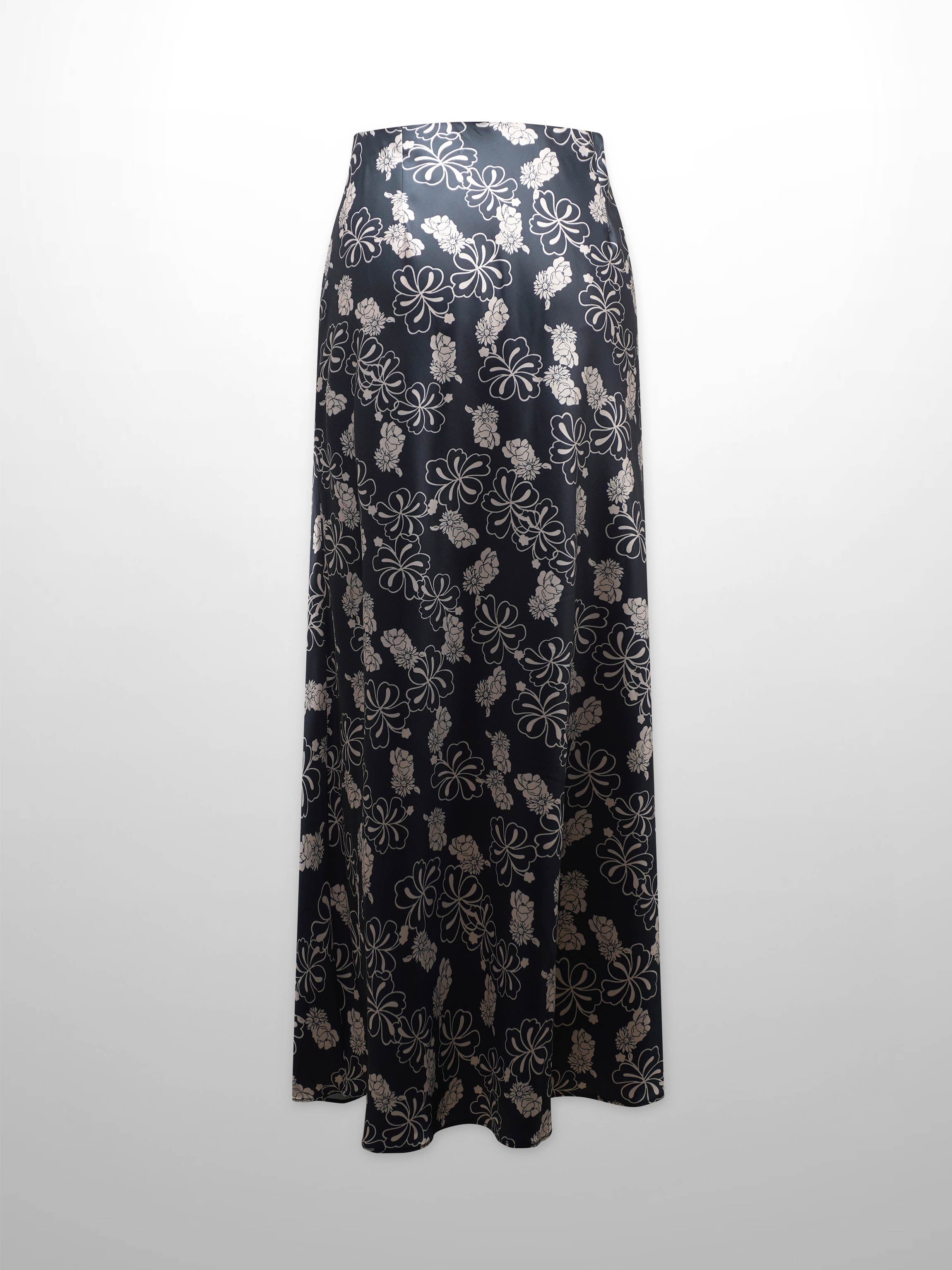 Printed Faux Satin Slip Skirt-Navy/Taupe Floral