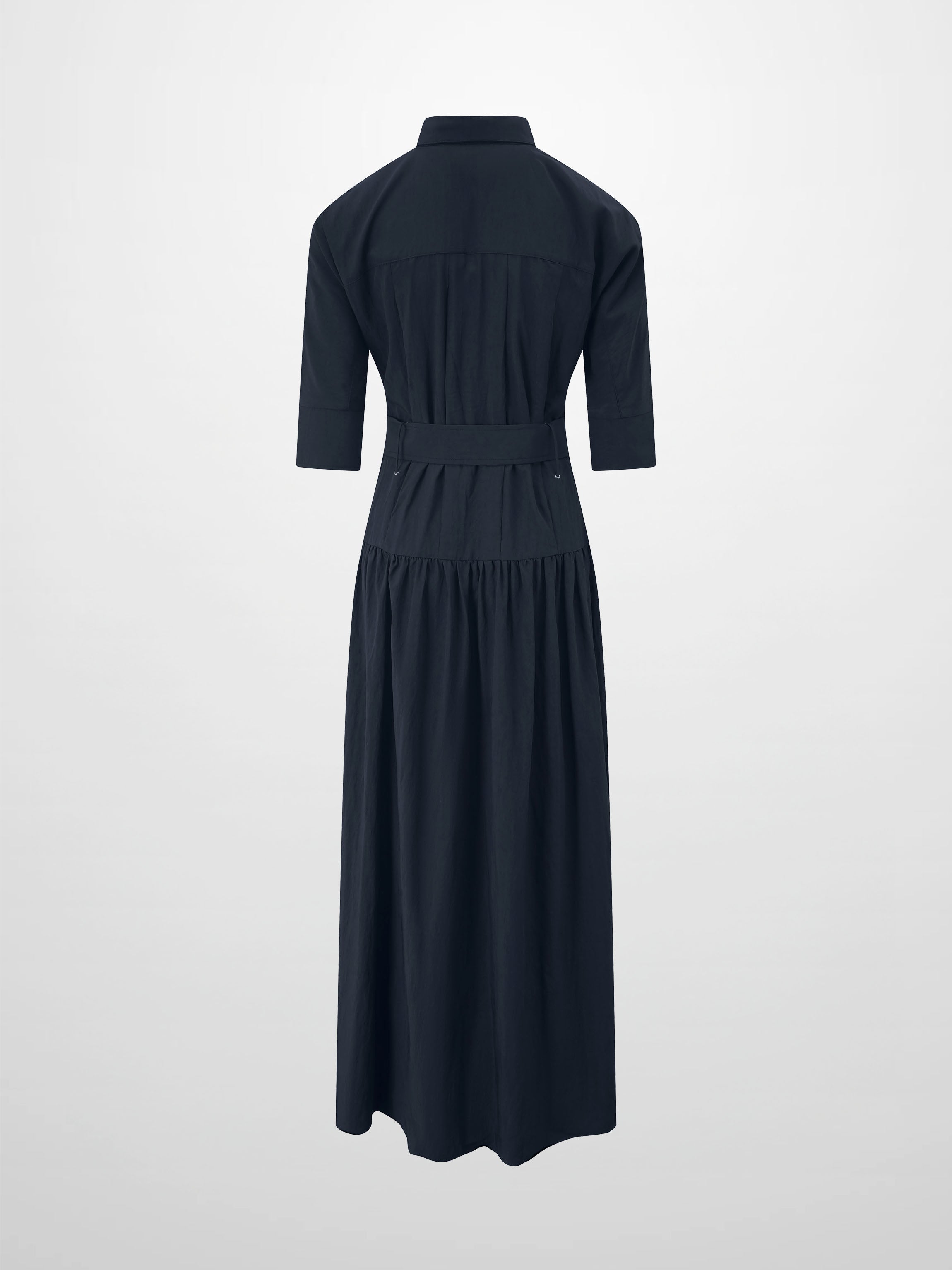 Cotton Yoke Gathered Dress-Navy