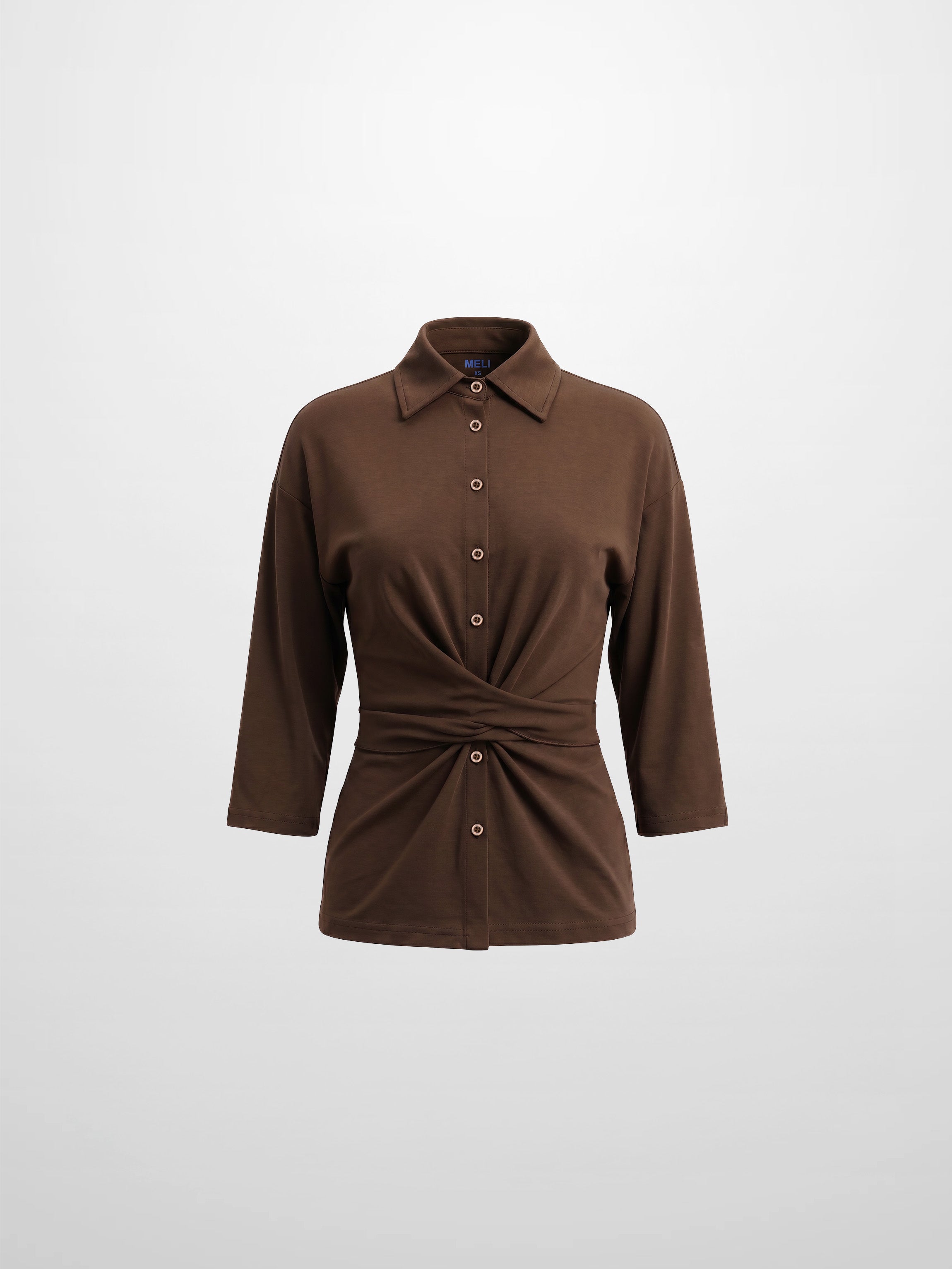 Waist Tie Button Down T-Shirt-Brown