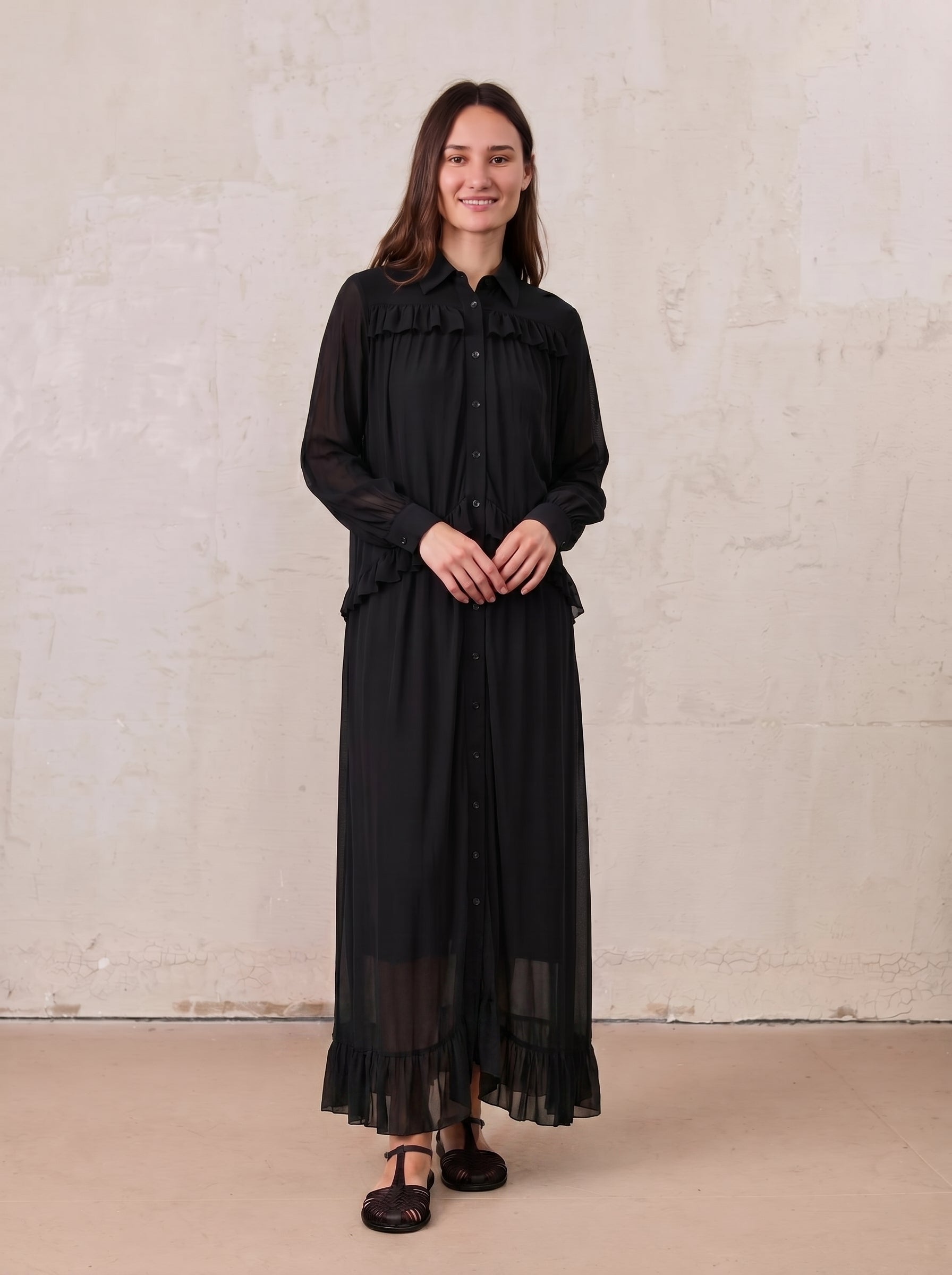 Mesh Ruffle Maxi Dress-Black