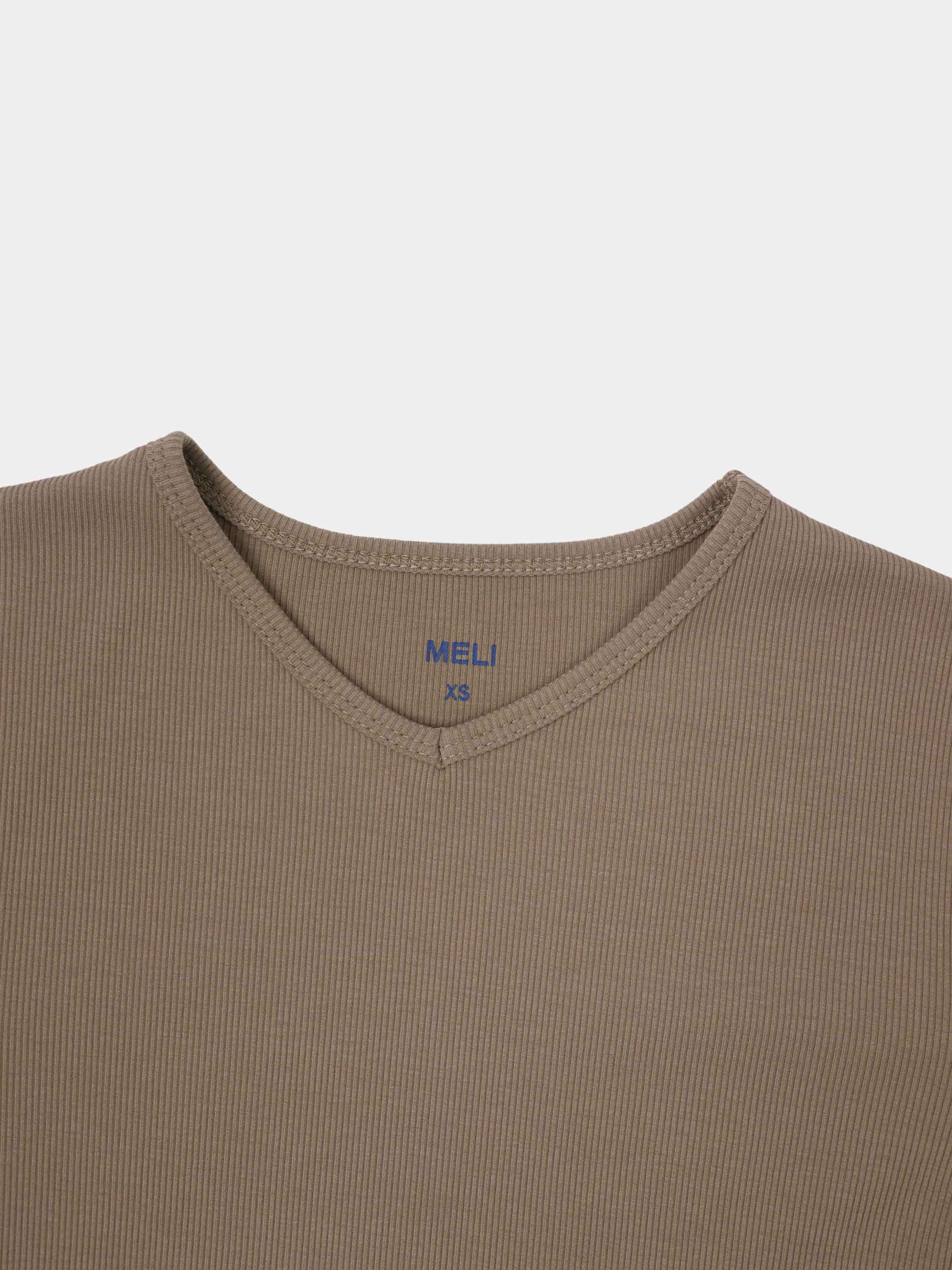 Soft Ribbed High V Tee-Taupe