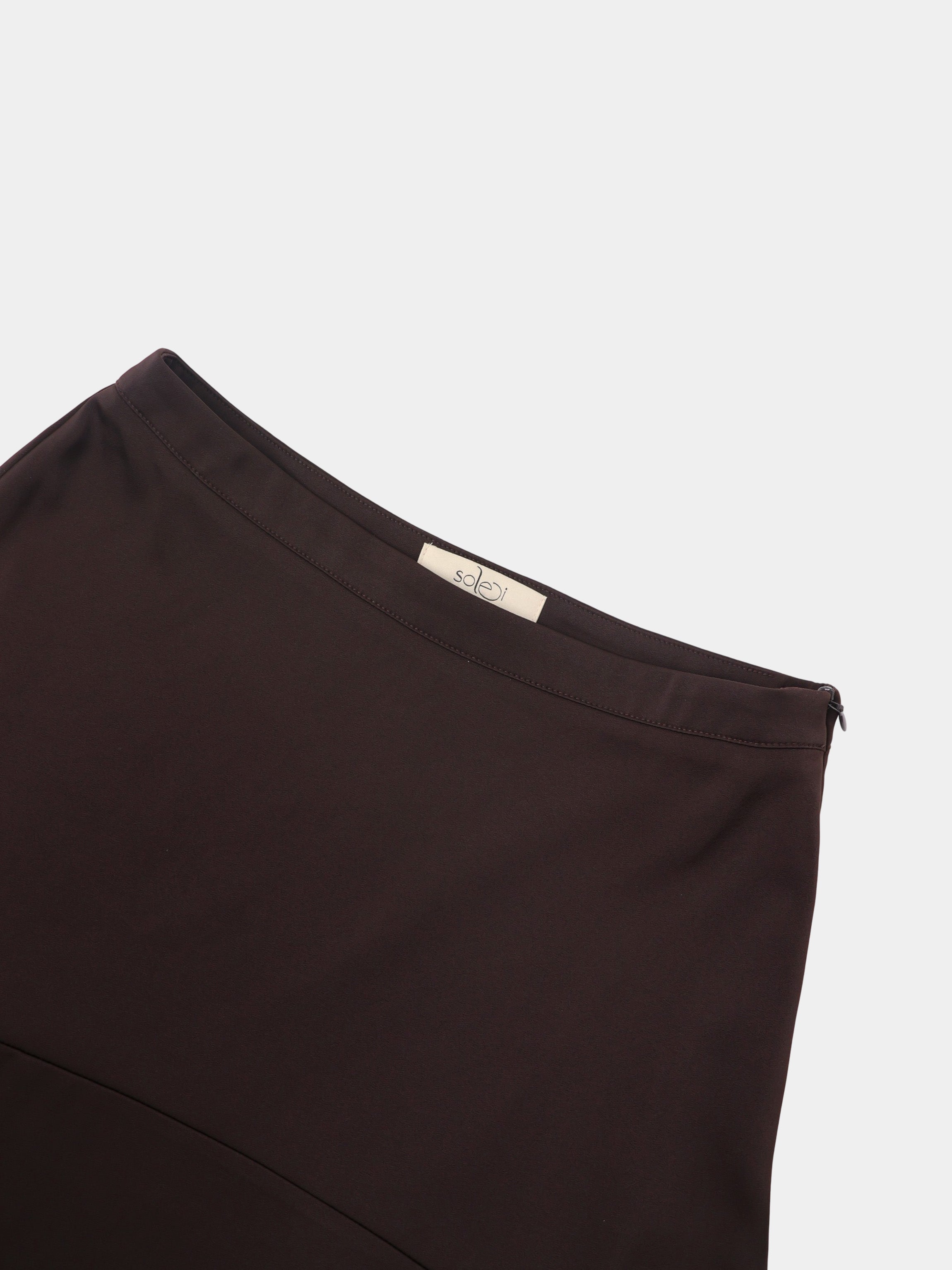 Curved Yoke Faux Satin Skirt - Brown