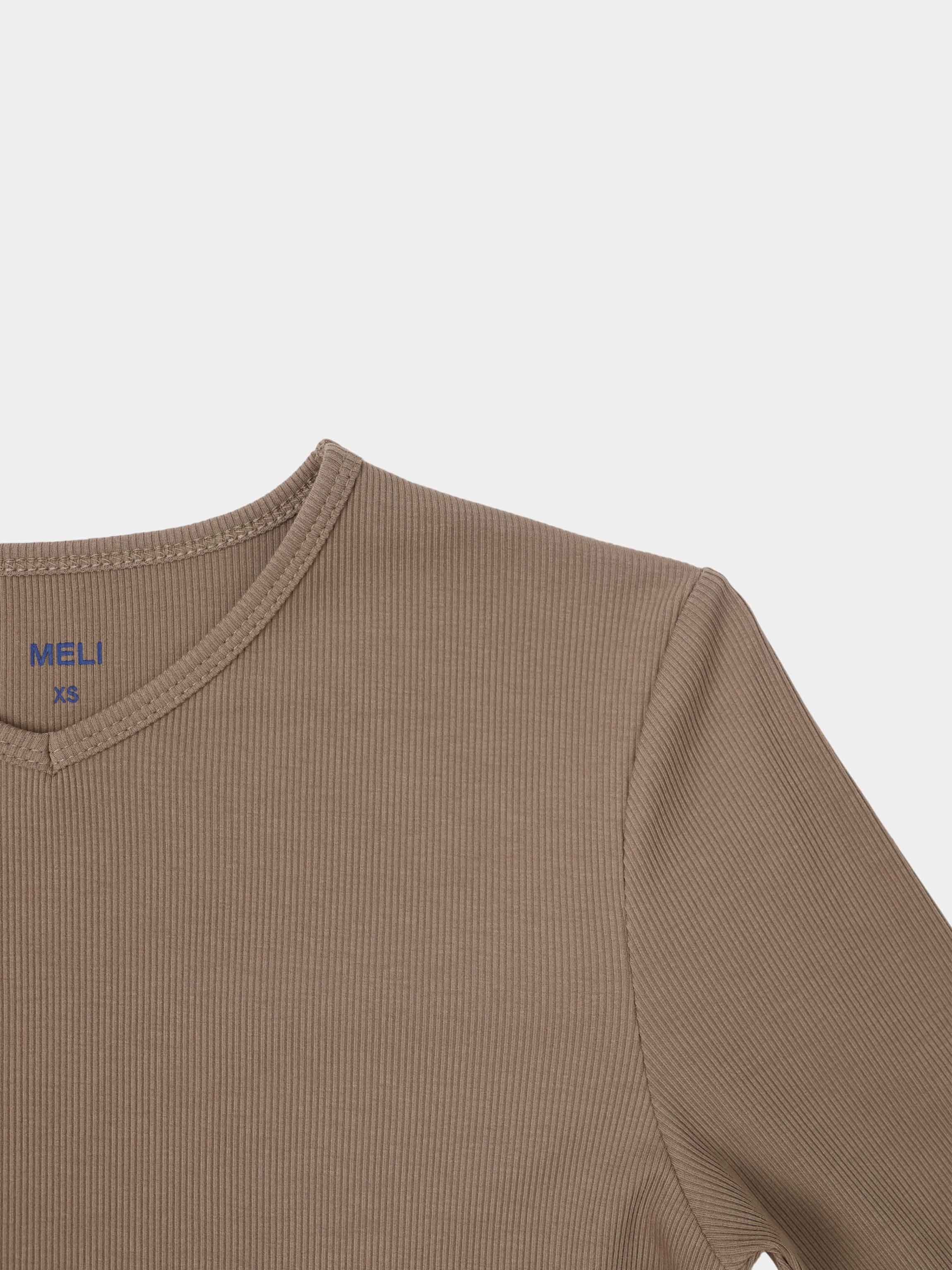 Soft Ribbed High V Tee-Taupe