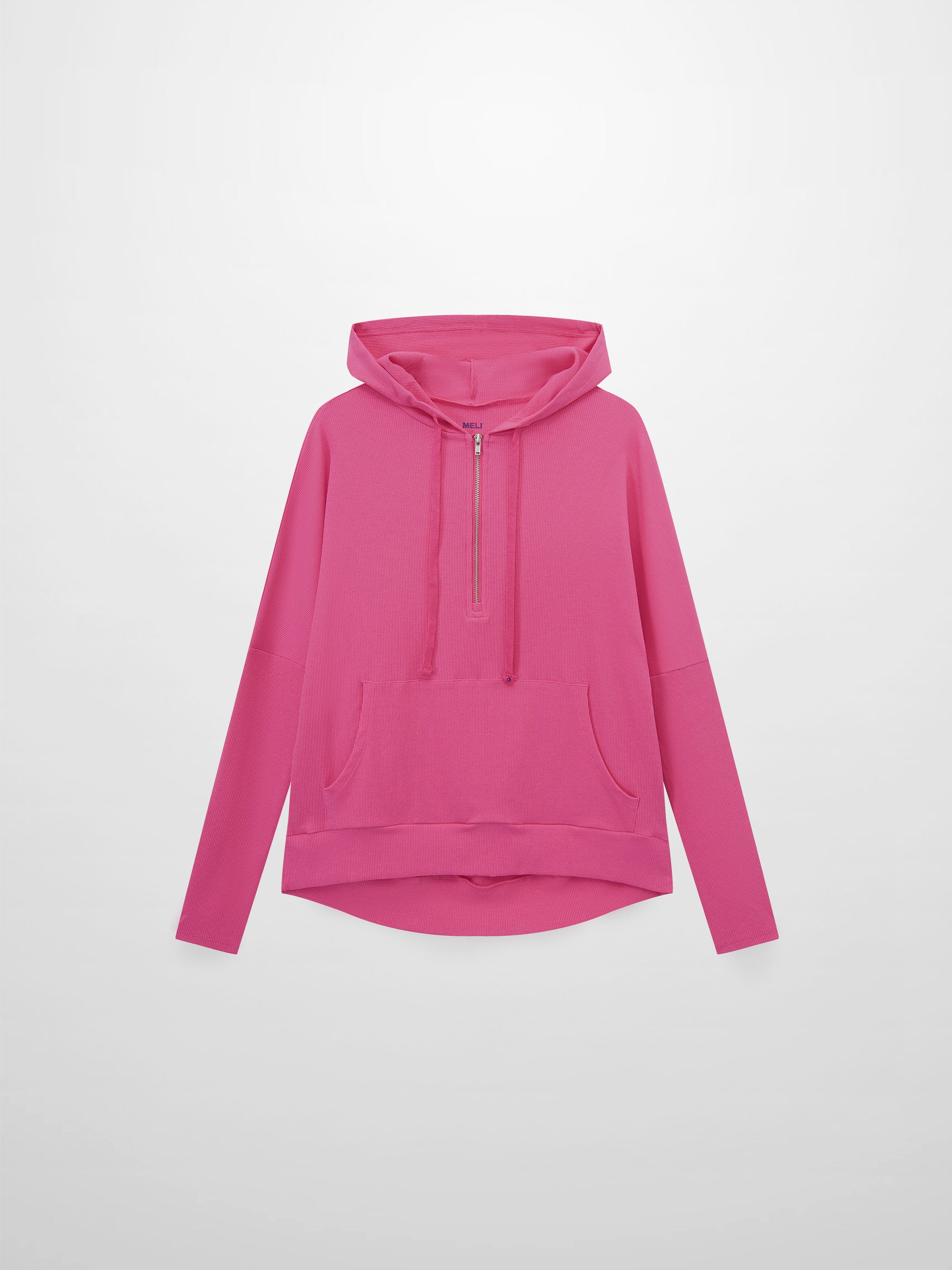 Ribbed Half Zip Hoodie Tee-Hot Pink