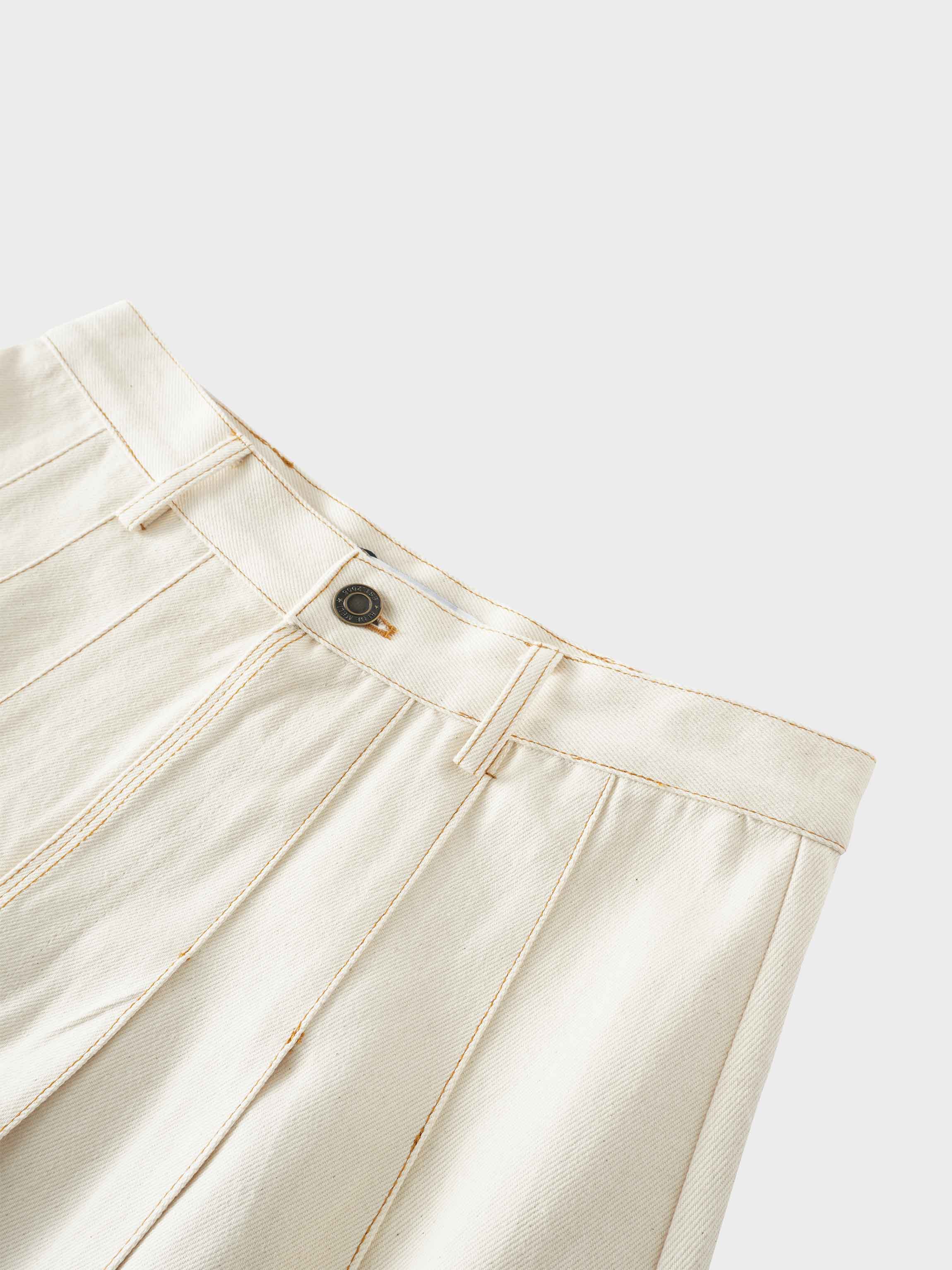 Stitched Pleated Denim Skirt-Cream